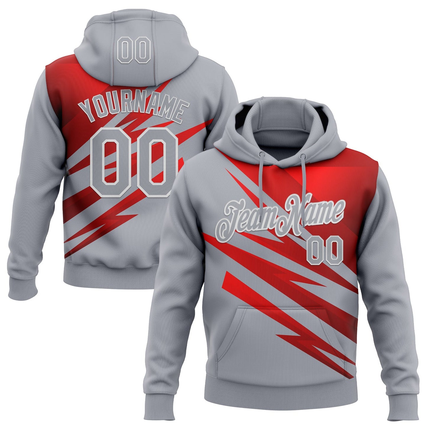 Custom Stitched Gray Red-White 3D Pattern Design Line Sports Pullover Sweatshirt Hoodie - Main View
