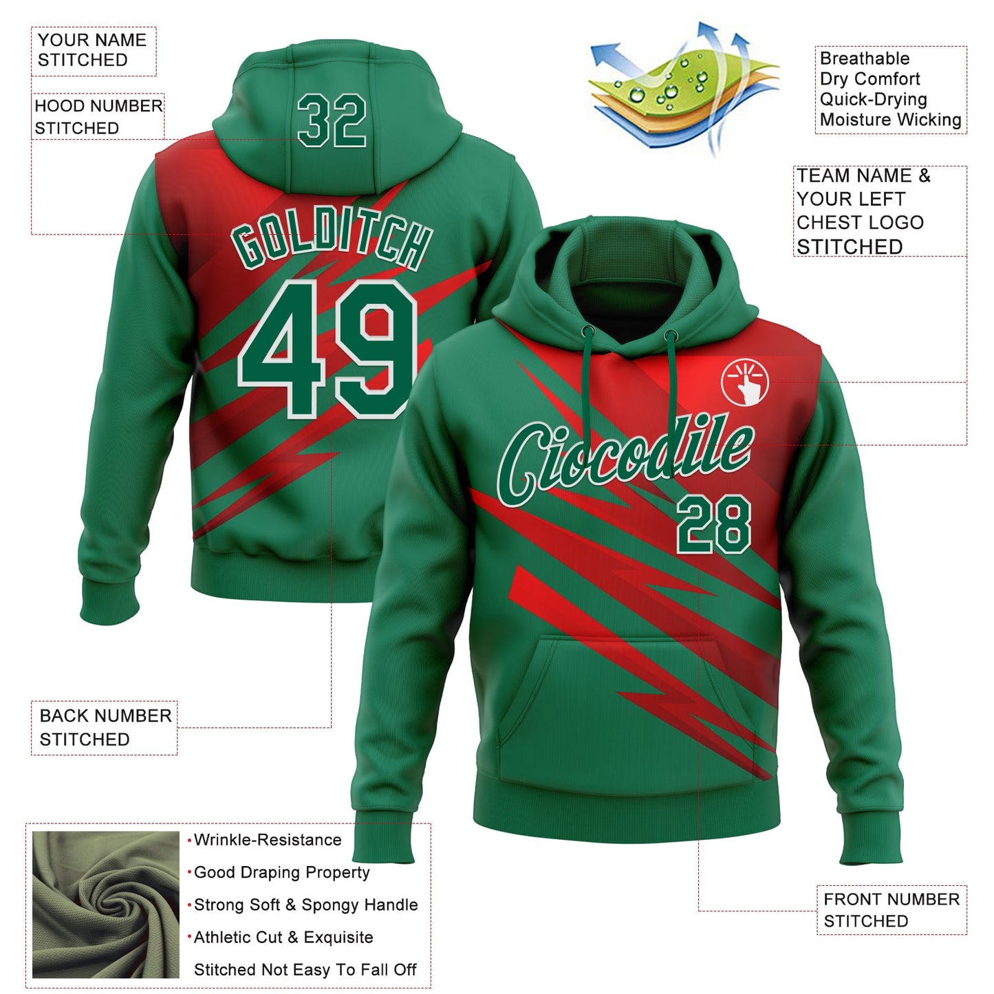 Custom Stitched Kelly Green Red-White 3D Pattern Design Line Sports Pullover Sweatshirt Hoodie view 2