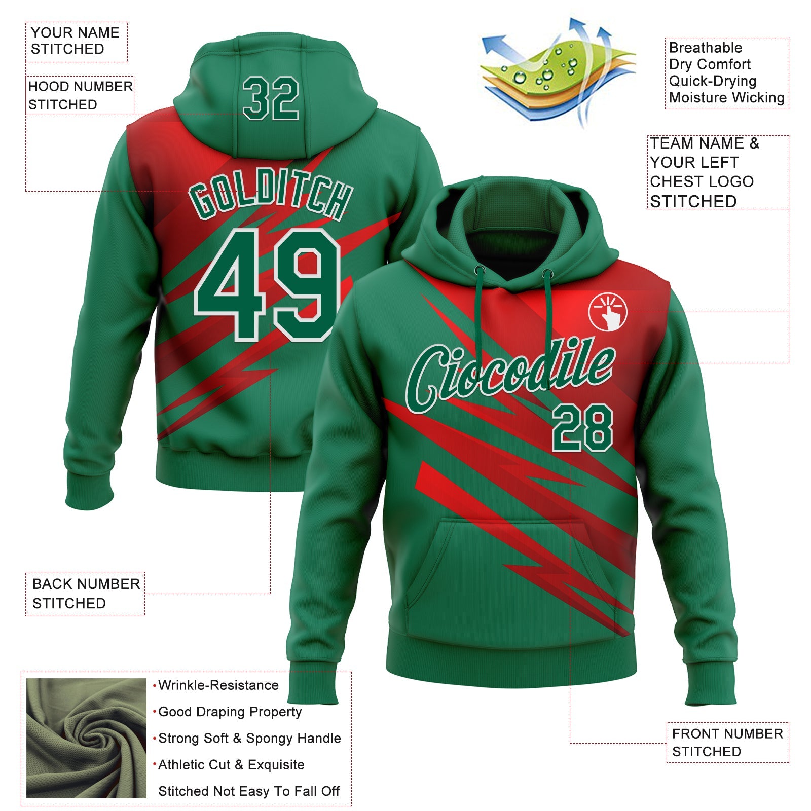 Custom Stitched Kelly Green Red-White 3D Pattern Design Line Sports Pullover Sweatshirt Hoodie view 2
