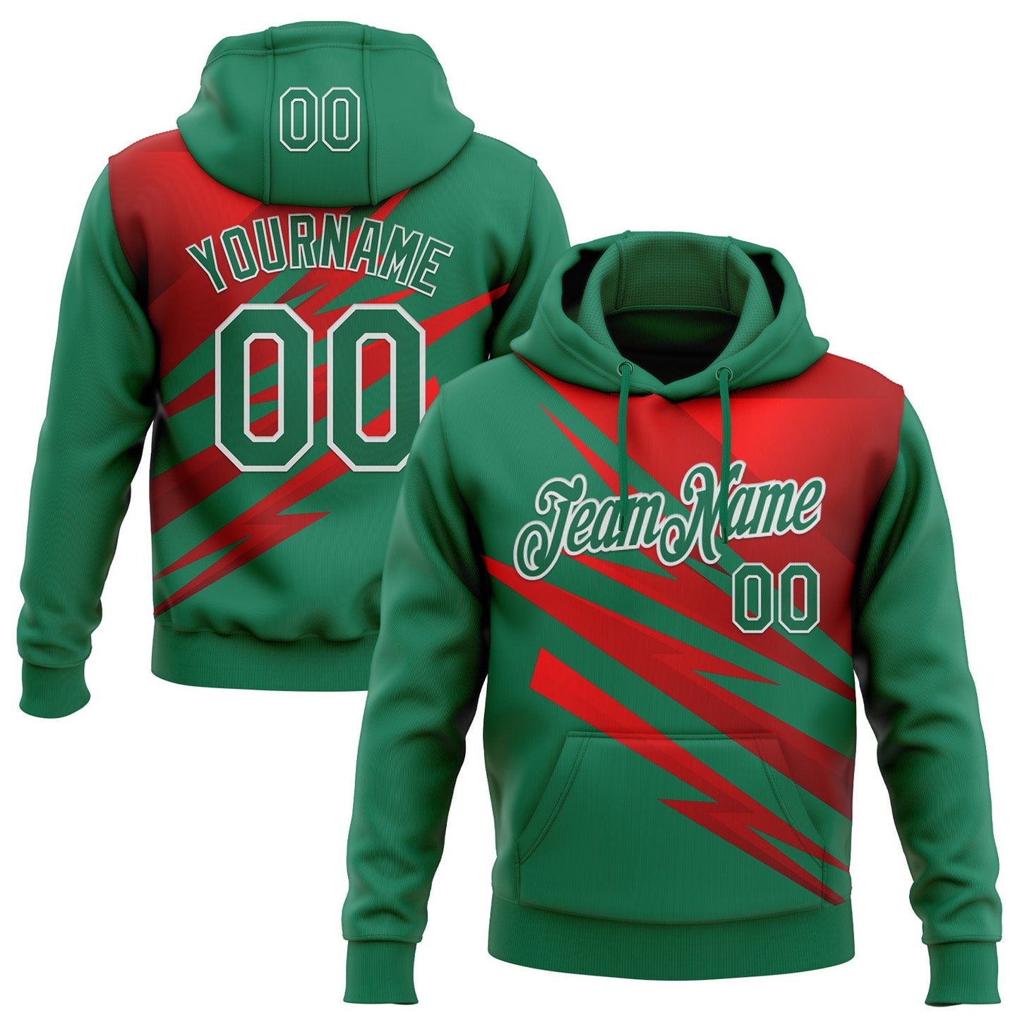 Custom Stitched Kelly Green Red-White 3D Pattern Design Line Sports Pullover Sweatshirt Hoodie - Main View
