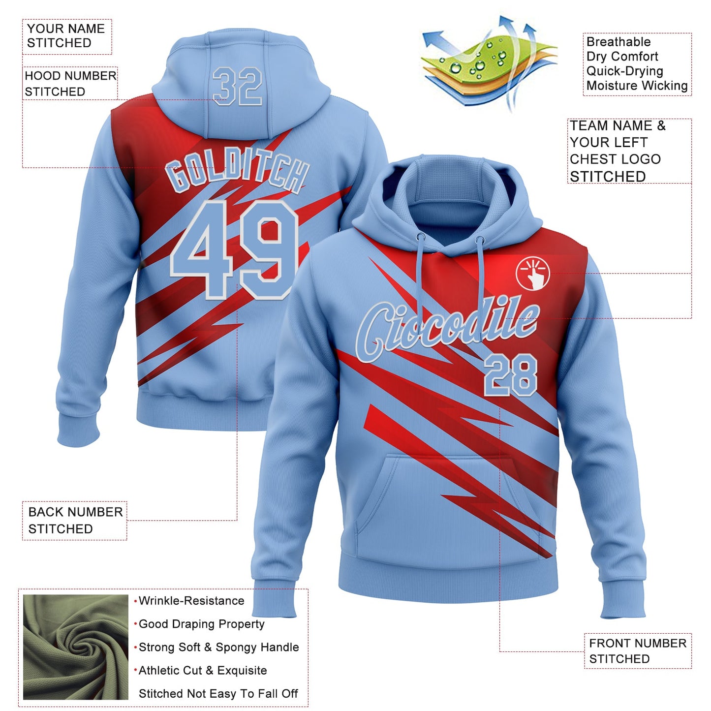 Custom Stitched Light Blue Red-White 3D Pattern Design Line Sports Pullover Sweatshirt Hoodie view 2