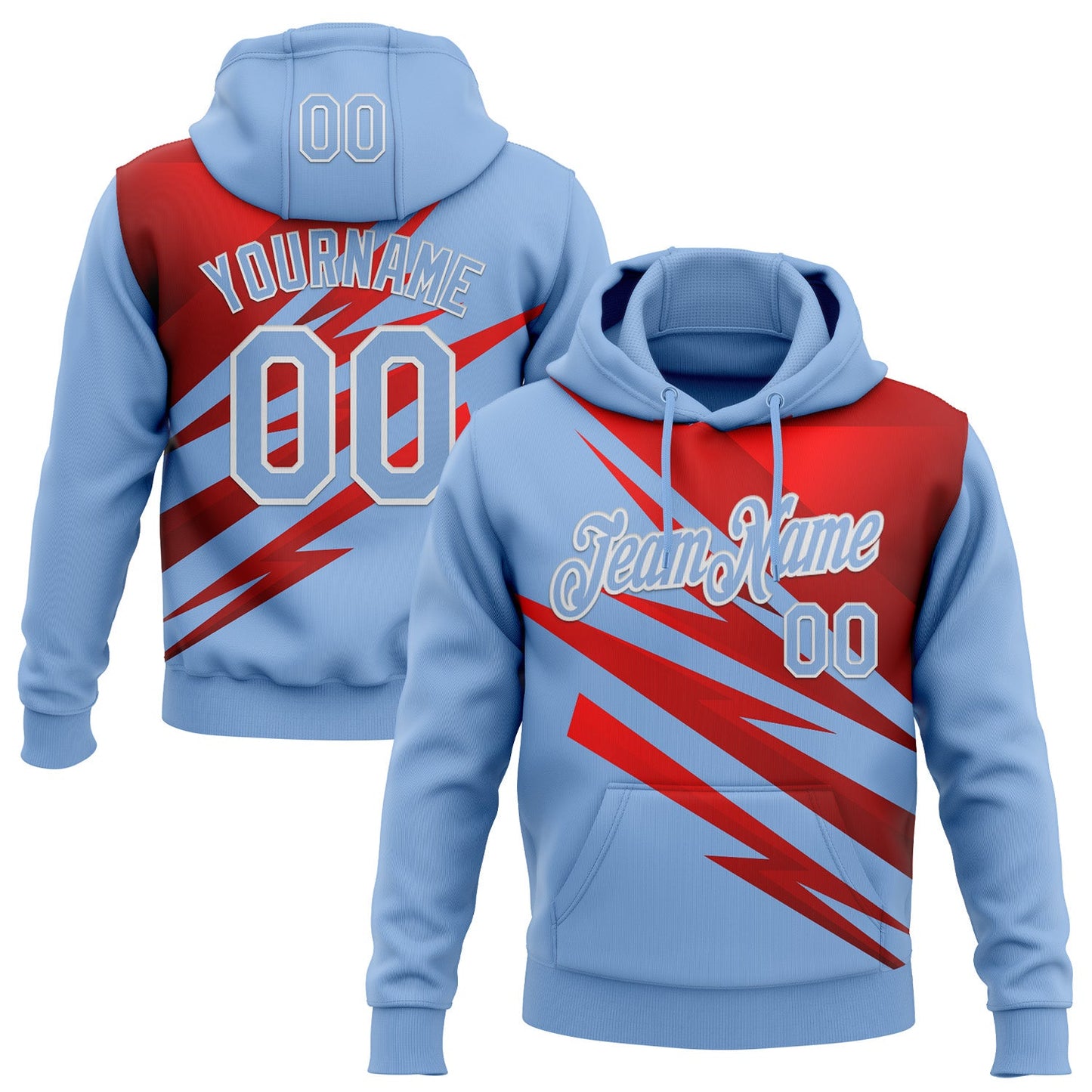 Custom Stitched Light Blue Red-White 3D Pattern Design Line Sports Pullover Sweatshirt Hoodie - Main View