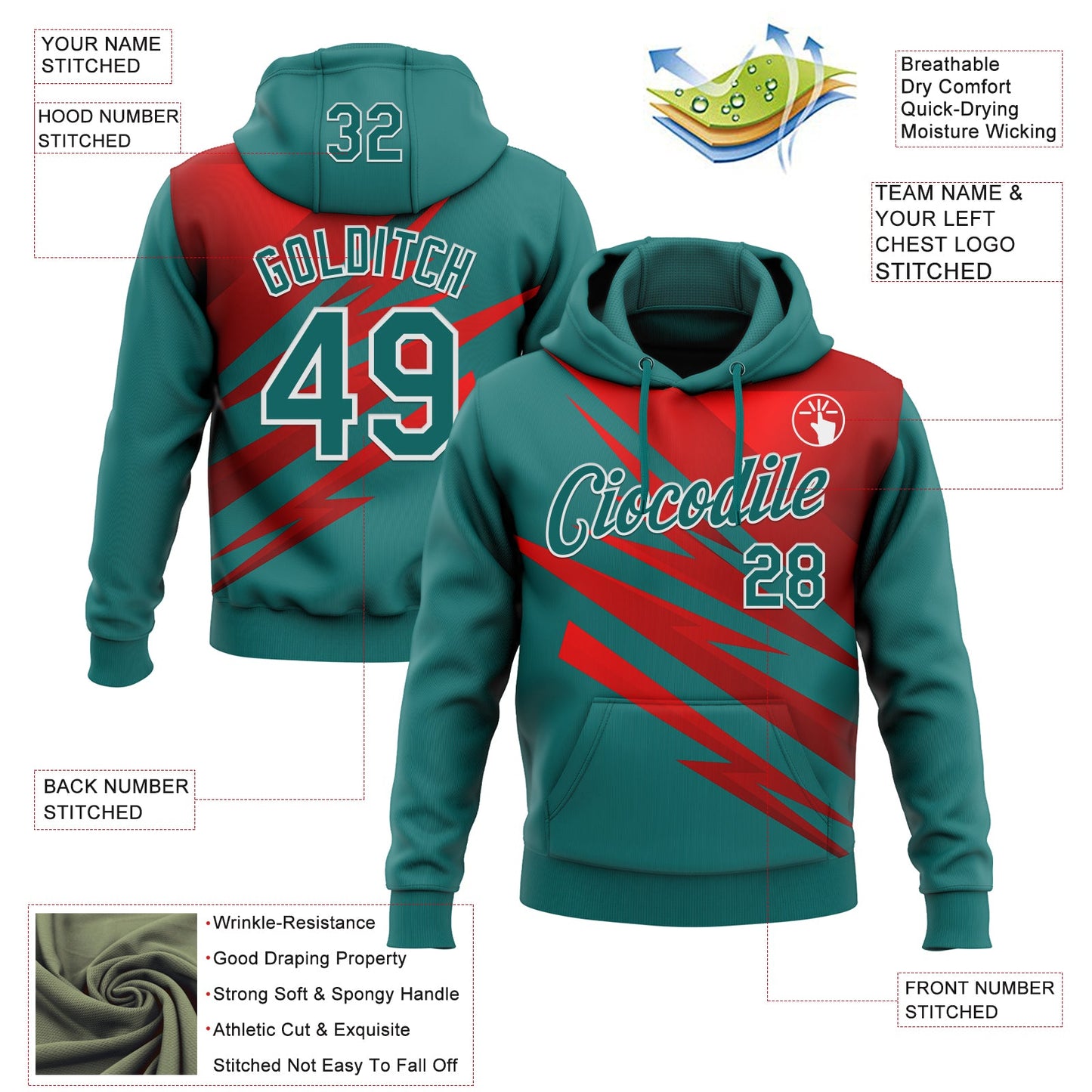 Custom Stitched Teal Red-White 3D Pattern Design Line Sports Pullover Sweatshirt Hoodie view 2