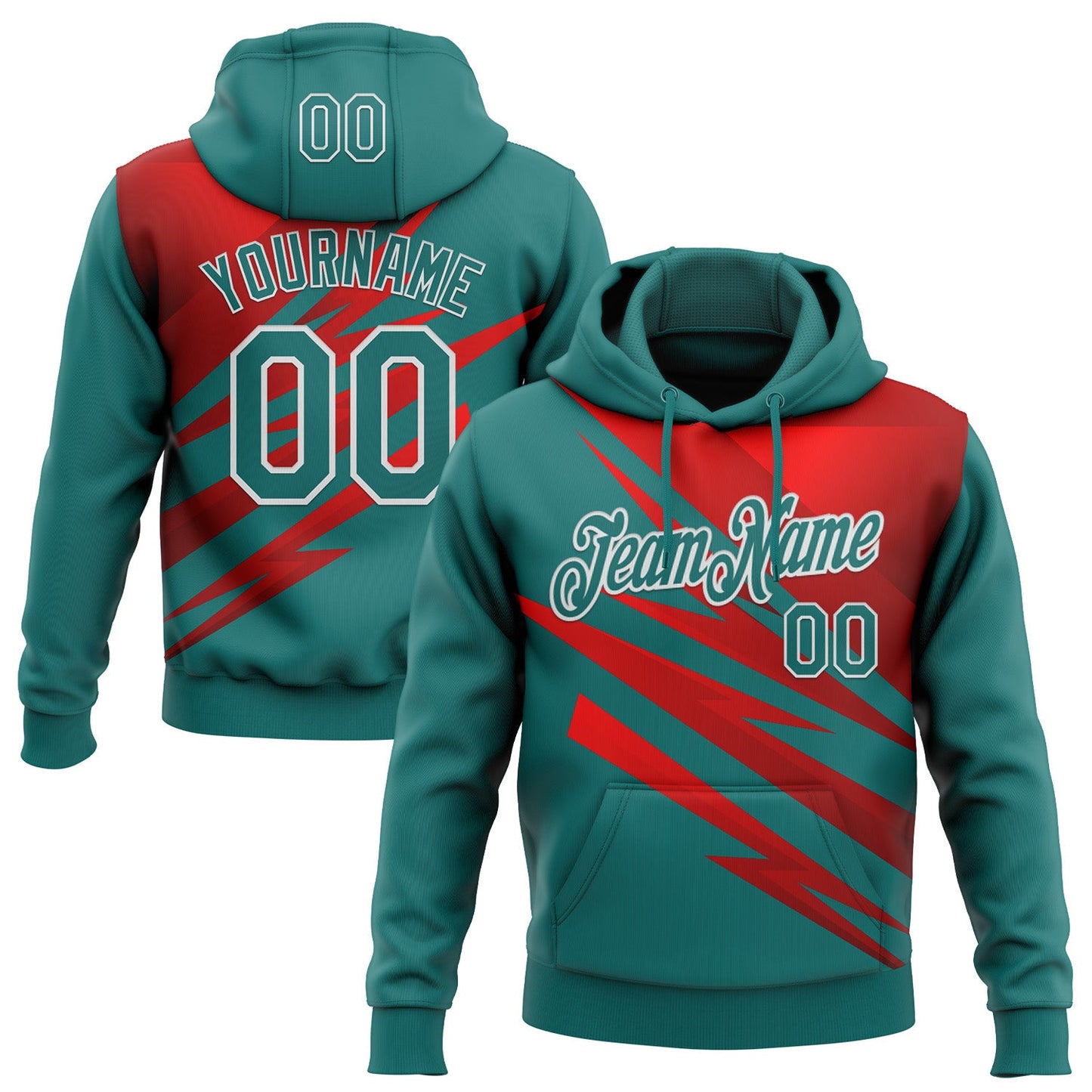 Custom Stitched Teal Red-White 3D Pattern Design Line Sports Pullover Sweatshirt Hoodie - Main View