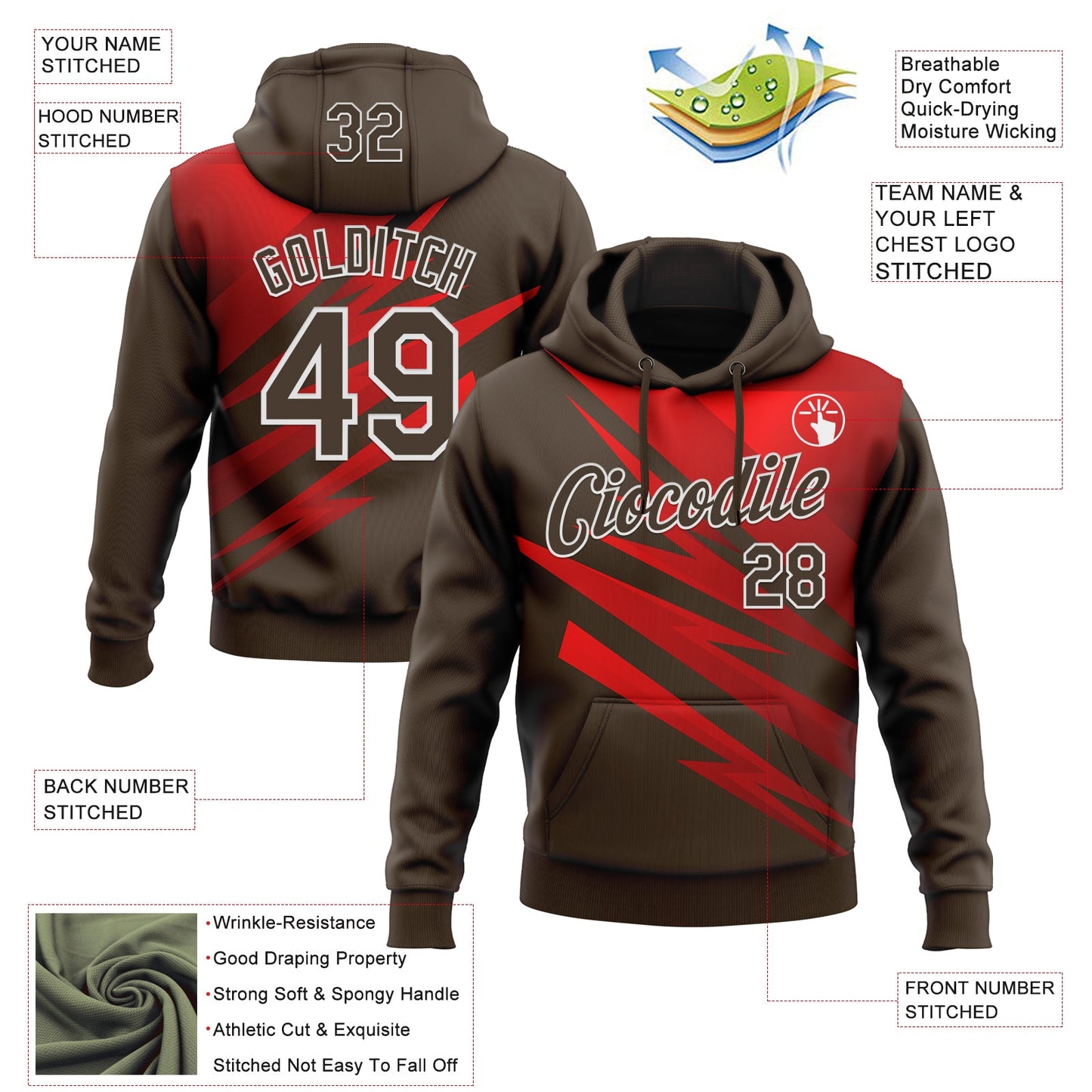 Custom Stitched Brown Red-White 3D Pattern Design Line Sports Pullover Sweatshirt Hoodie view 2