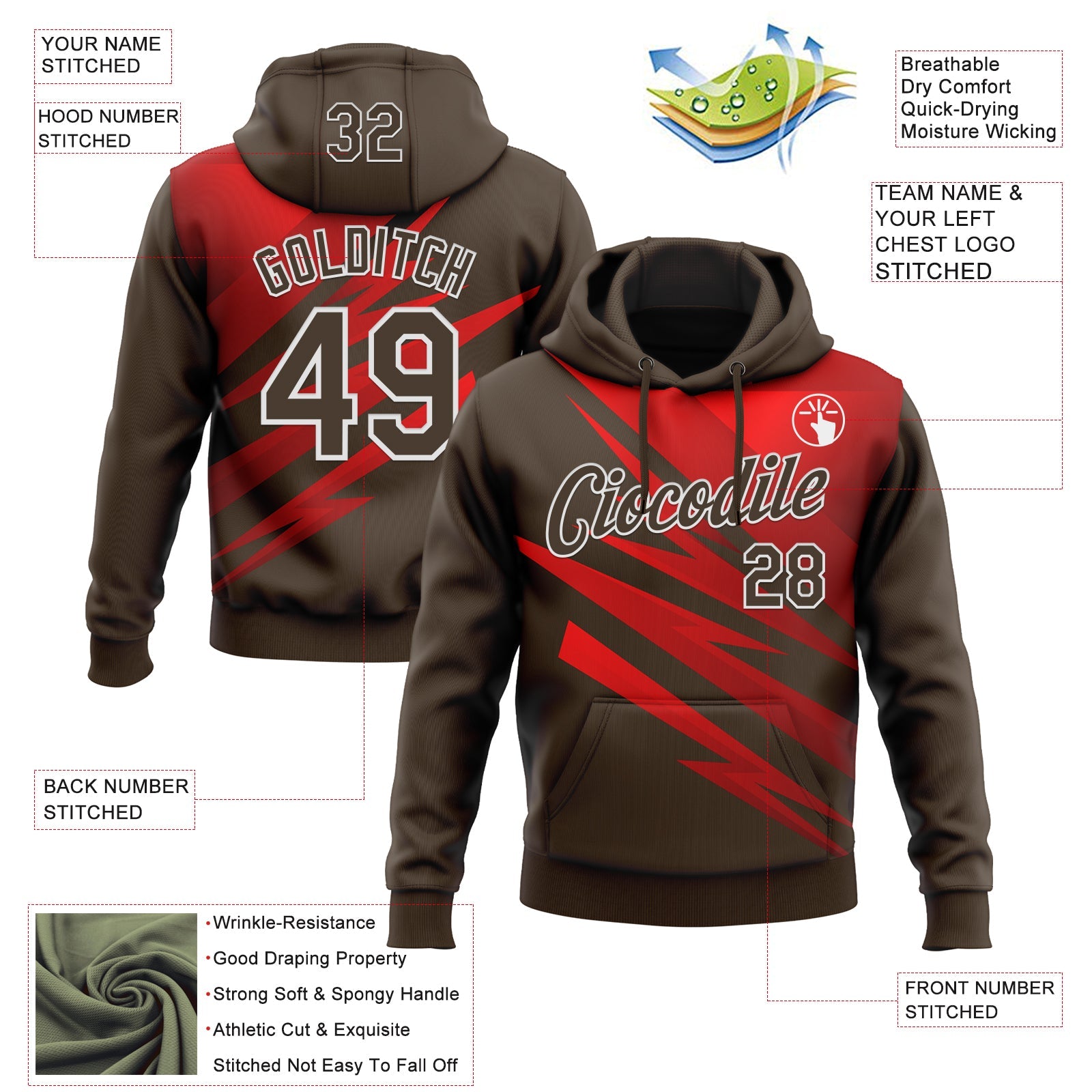 Custom Stitched Brown Red-White 3D Pattern Design Line Sports Pullover Sweatshirt Hoodie view 2