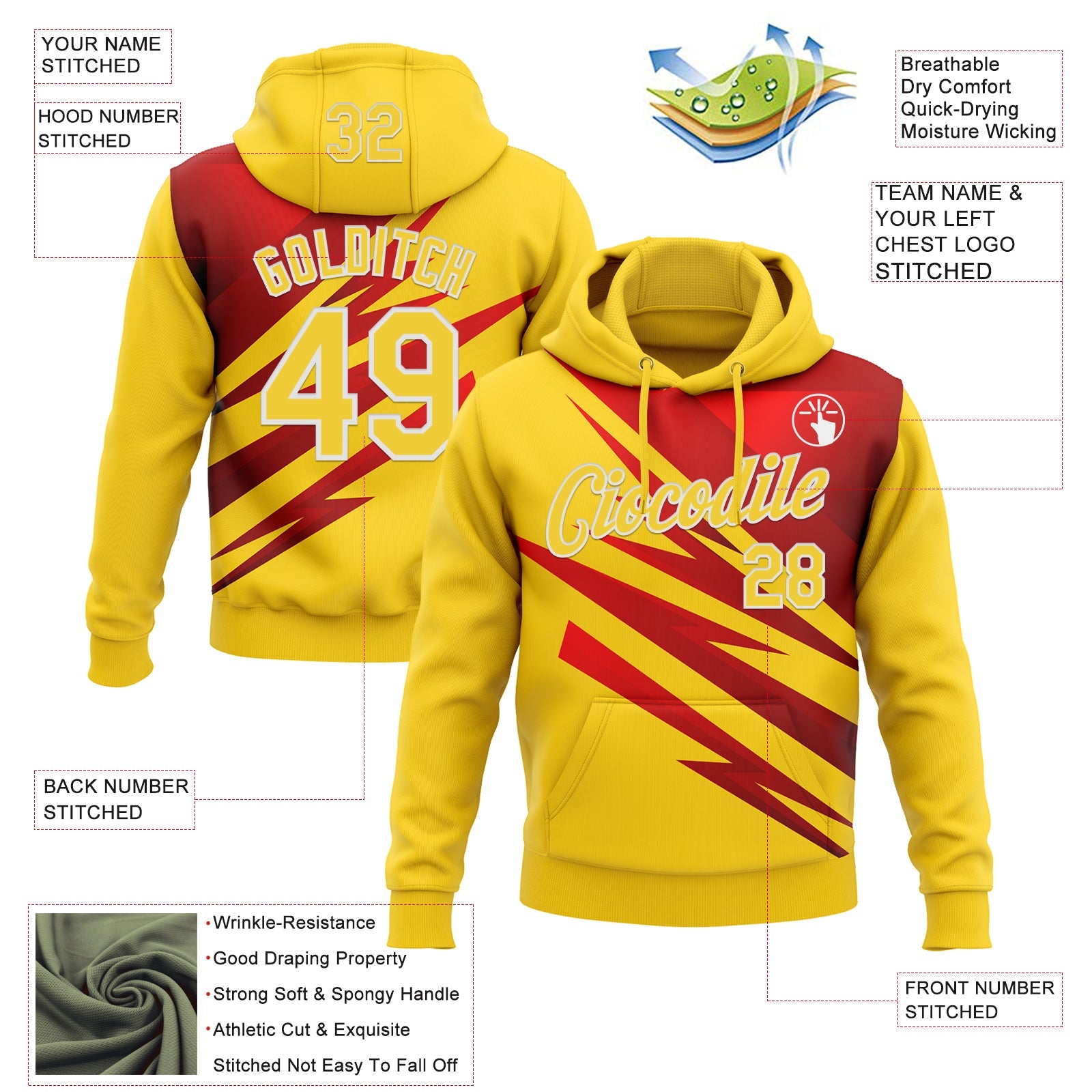 Custom Stitched Yellow Red-White 3D Pattern Design Line Sports Pullover Sweatshirt Hoodie view 2