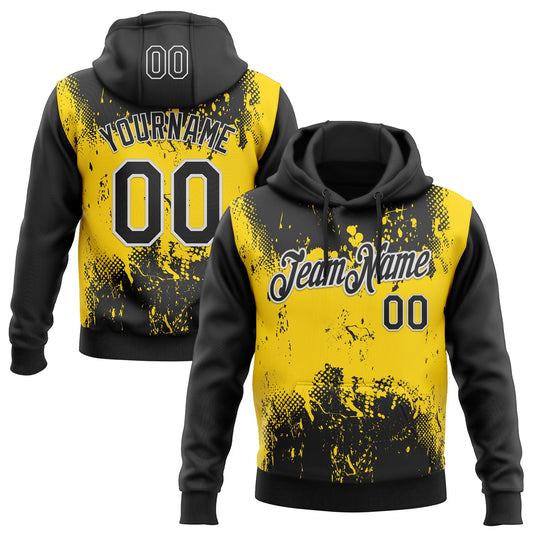 Custom Stitched Black Yellow-White 3D Pattern Design Abstract Splatter Grunge Art Sports Pullover Sweatshirt Hoodie - Main View