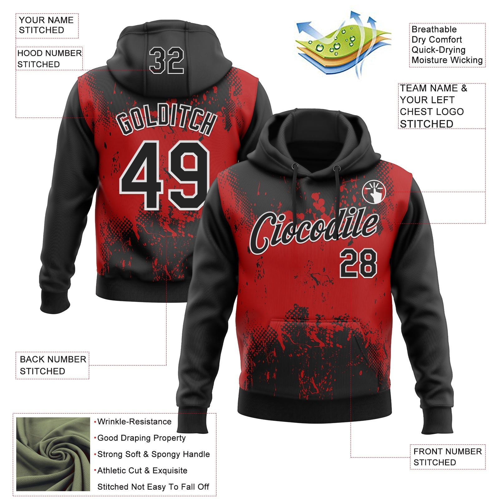 Custom Stitched Black Red-White 3D Pattern Design Abstract Splatter Grunge Art Sports Pullover Sweatshirt Hoodie view 2