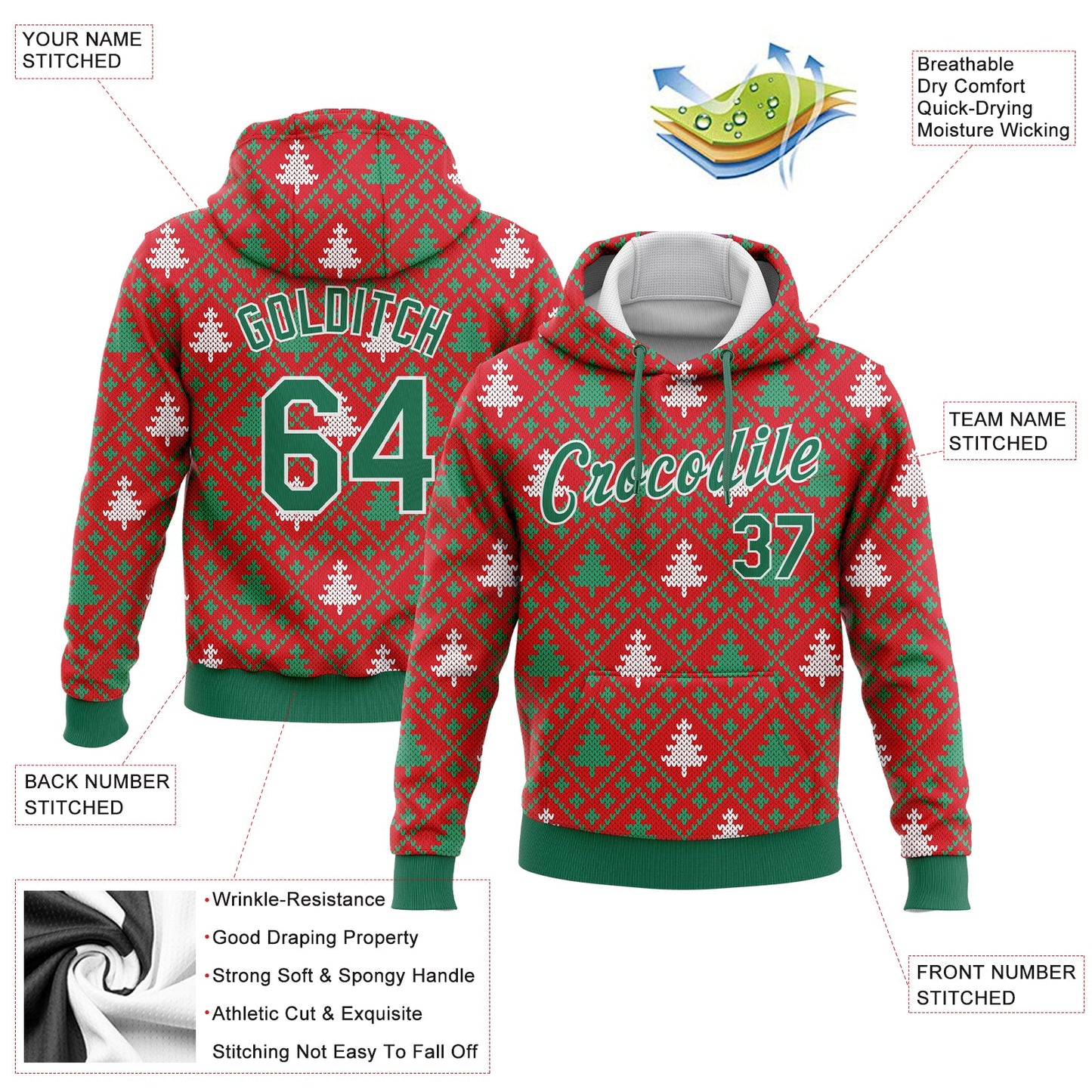 Custom Stitched Red Kelly Green-White 3D Christmas Trees Sports Pullover Sweatshirt Hoodie view 2