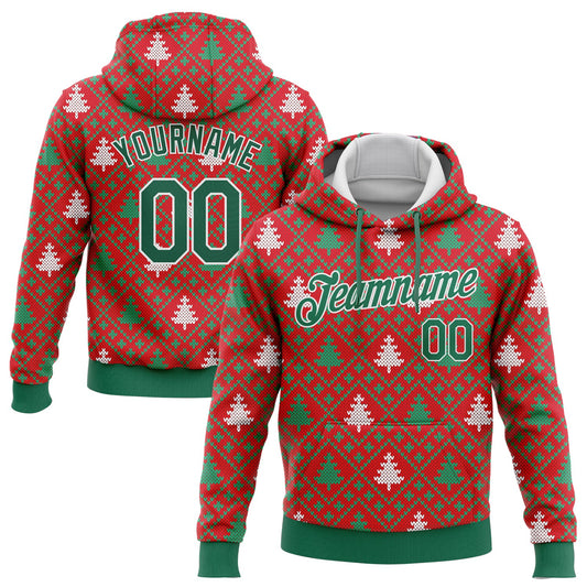 Custom Stitched Red Kelly Green-White 3D Christmas Trees Sports Pullover Sweatshirt Hoodie - Main View
