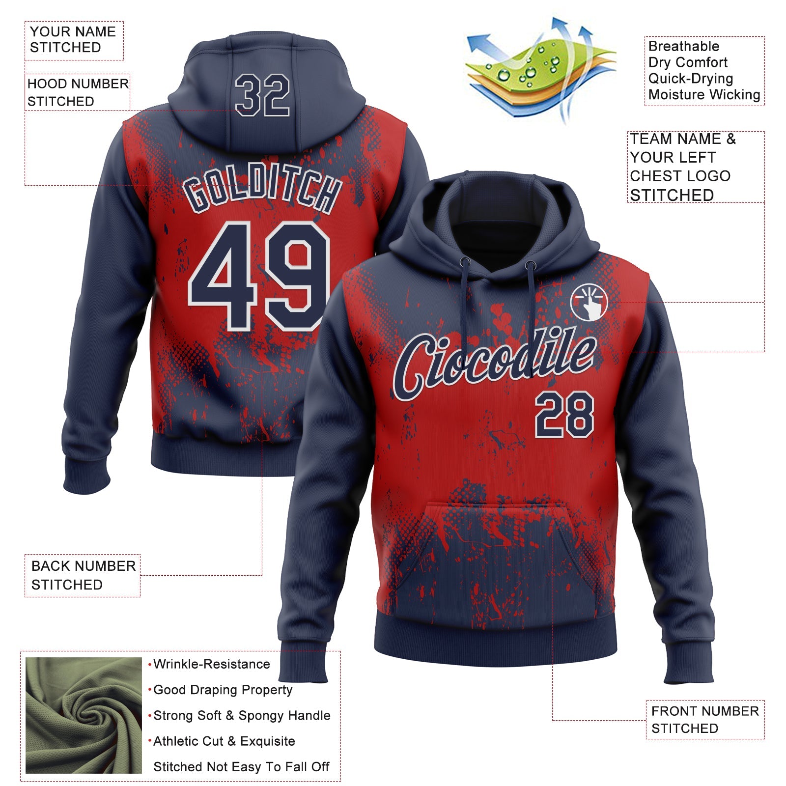 Custom Stitched Navy Red-White 3D Pattern Design Abstract Splatter Grunge Art Sports Pullover Sweatshirt Hoodie view 2