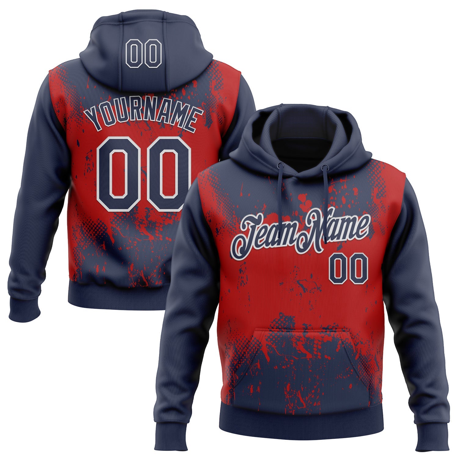 Custom Stitched Navy Red-White 3D Pattern Design Abstract Splatter Grunge Art Sports Pullover Sweatshirt Hoodie - Main View