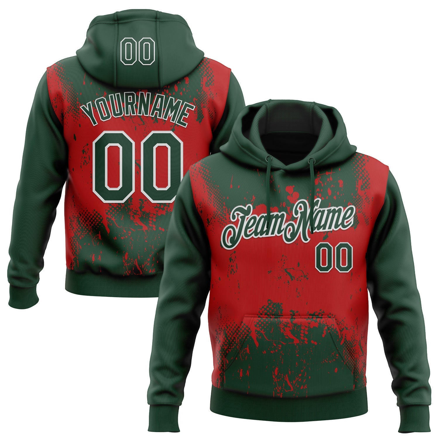 Custom Stitched Green Red-White 3D Pattern Design Abstract Splatter Grunge Art Sports Pullover Sweatshirt Hoodie - Main View