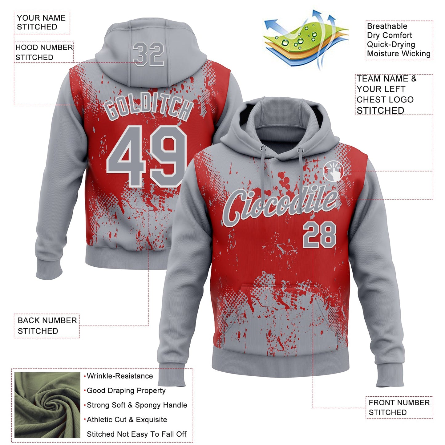 Custom Stitched Gray Red-White 3D Pattern Design Abstract Splatter Grunge Art Sports Pullover Sweatshirt Hoodie view 2