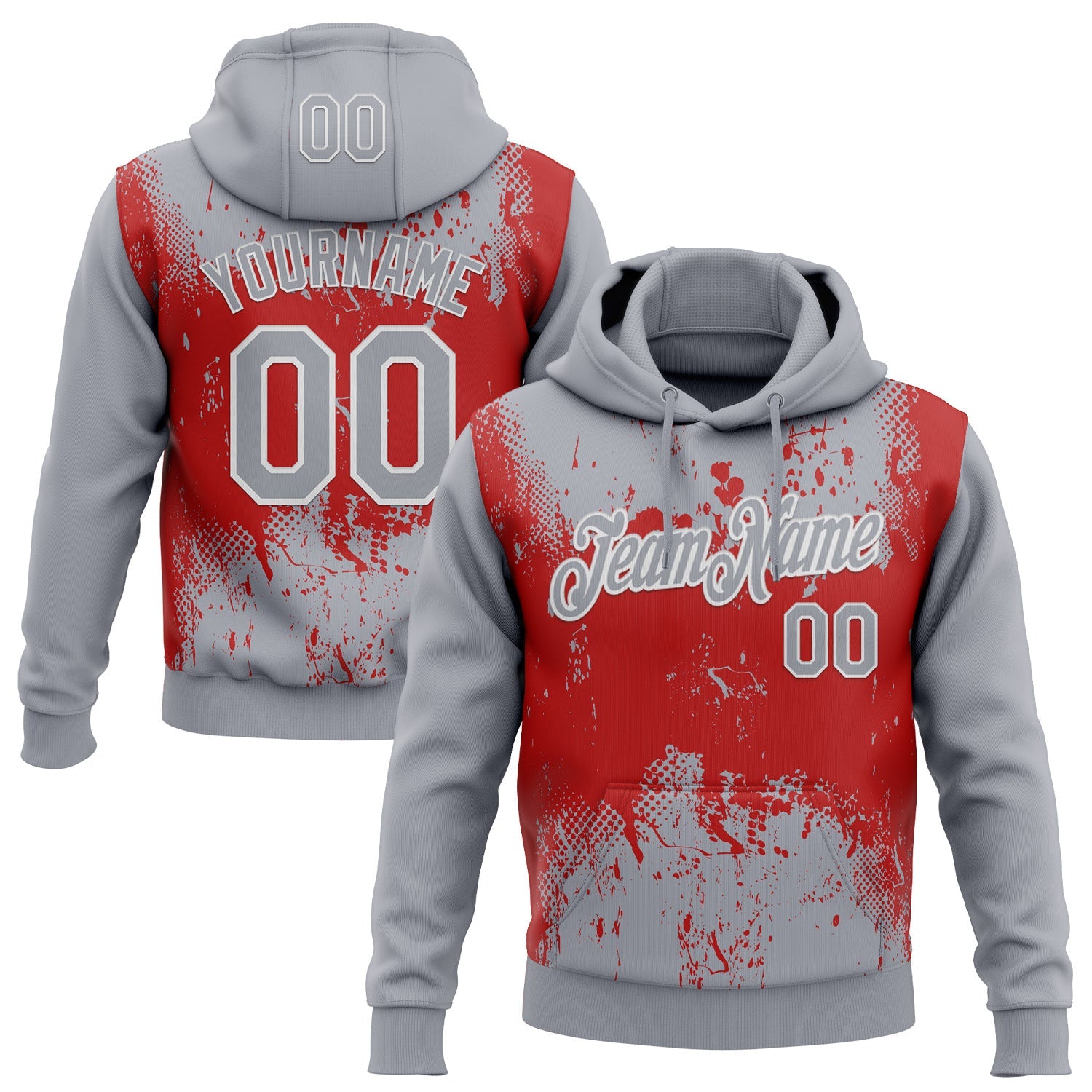 Custom Stitched Gray Red-White 3D Pattern Design Abstract Splatter Grunge Art Sports Pullover Sweatshirt Hoodie - Main View