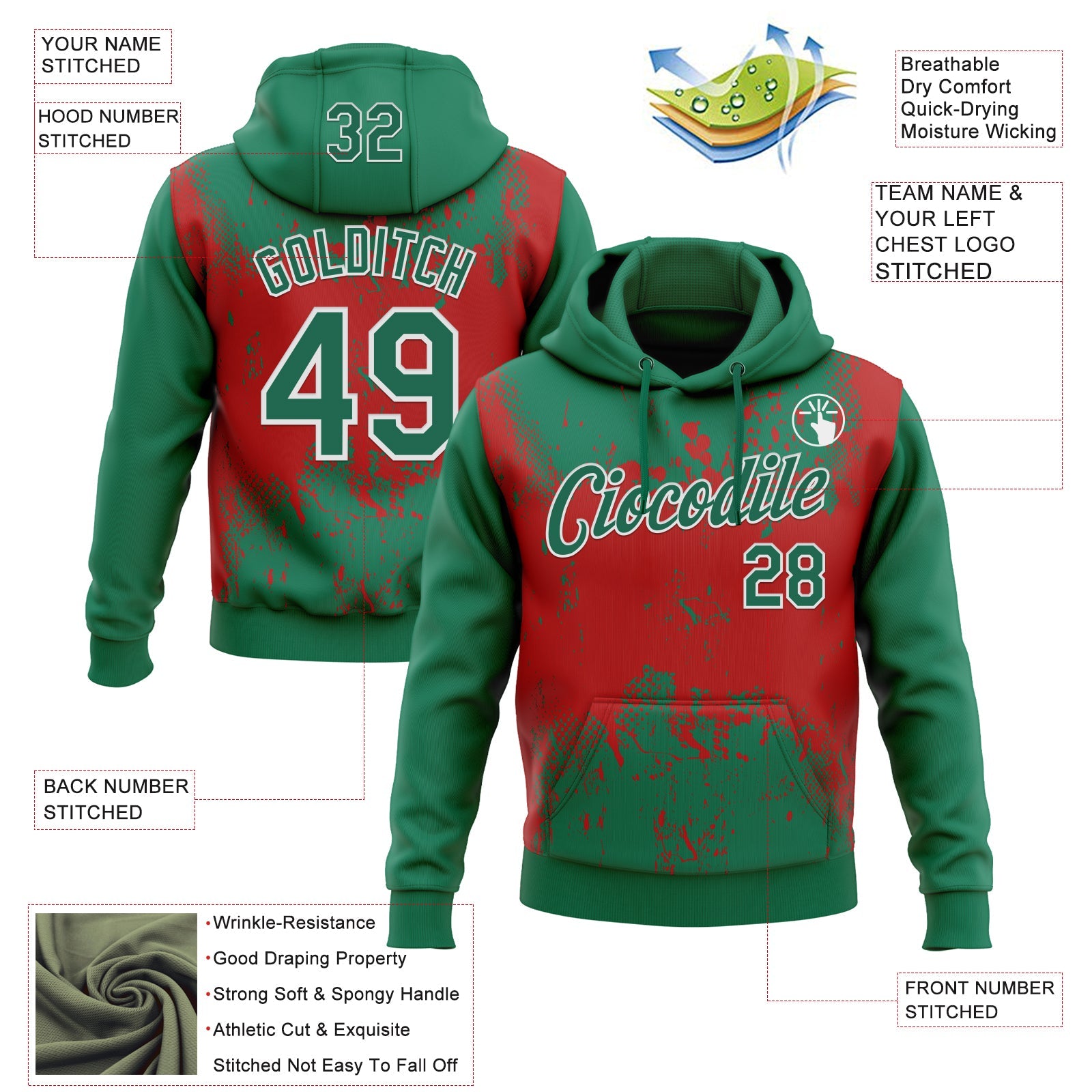 Custom Stitched Kelly Green Red-White 3D Pattern Design Abstract Splatter Grunge Art Sports Pullover Sweatshirt Hoodie view 2