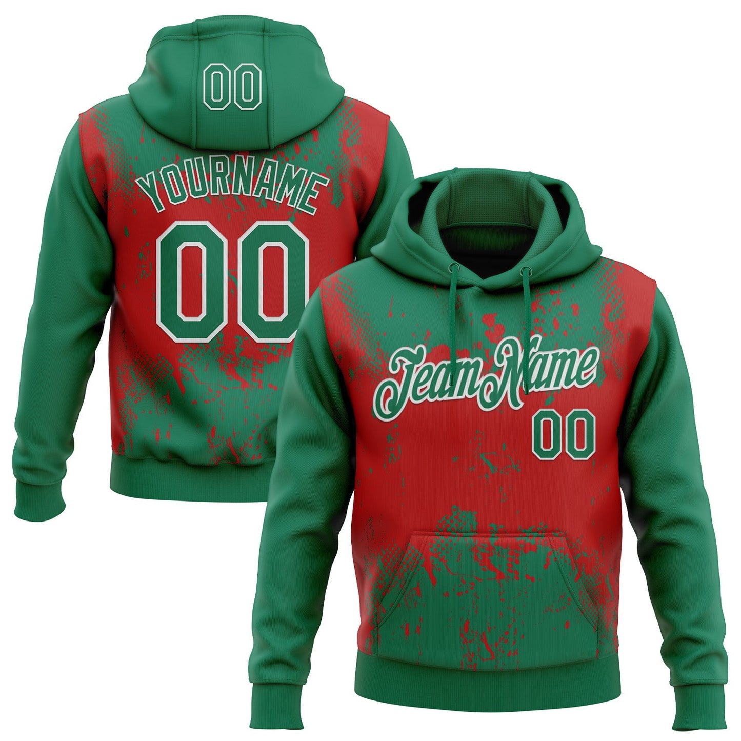 Custom Stitched Kelly Green Red-White 3D Pattern Design Abstract Splatter Grunge Art Sports Pullover Sweatshirt Hoodie - Main View