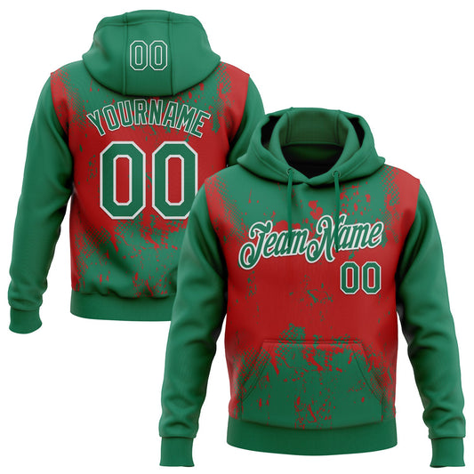 Custom Stitched Kelly Green Red-White 3D Pattern Design Abstract Splatter Grunge Art Sports Pullover Sweatshirt Hoodie - Main View