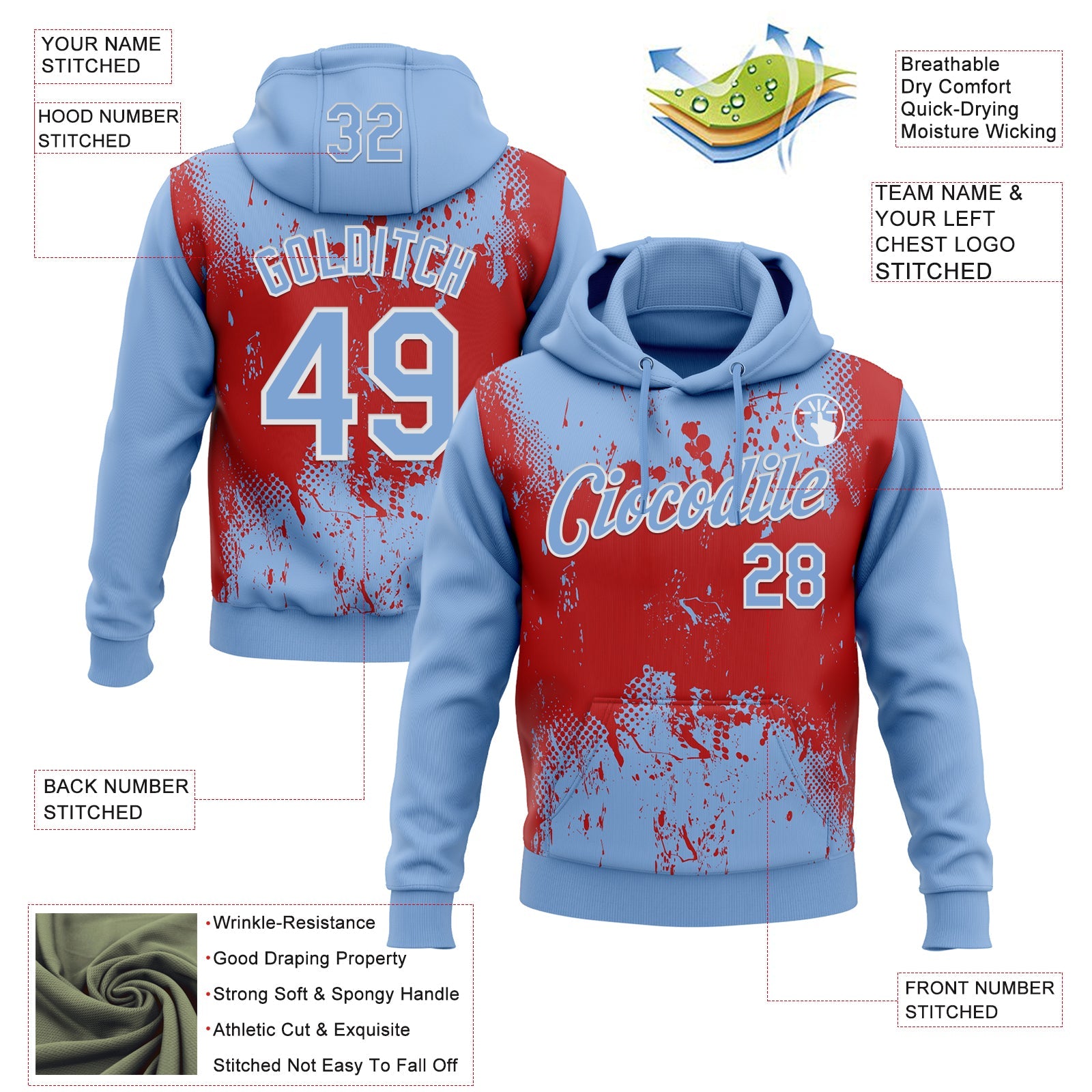 Custom Stitched Light Blue Red-White 3D Pattern Design Abstract Splatter Grunge Art Sports Pullover Sweatshirt Hoodie view 2