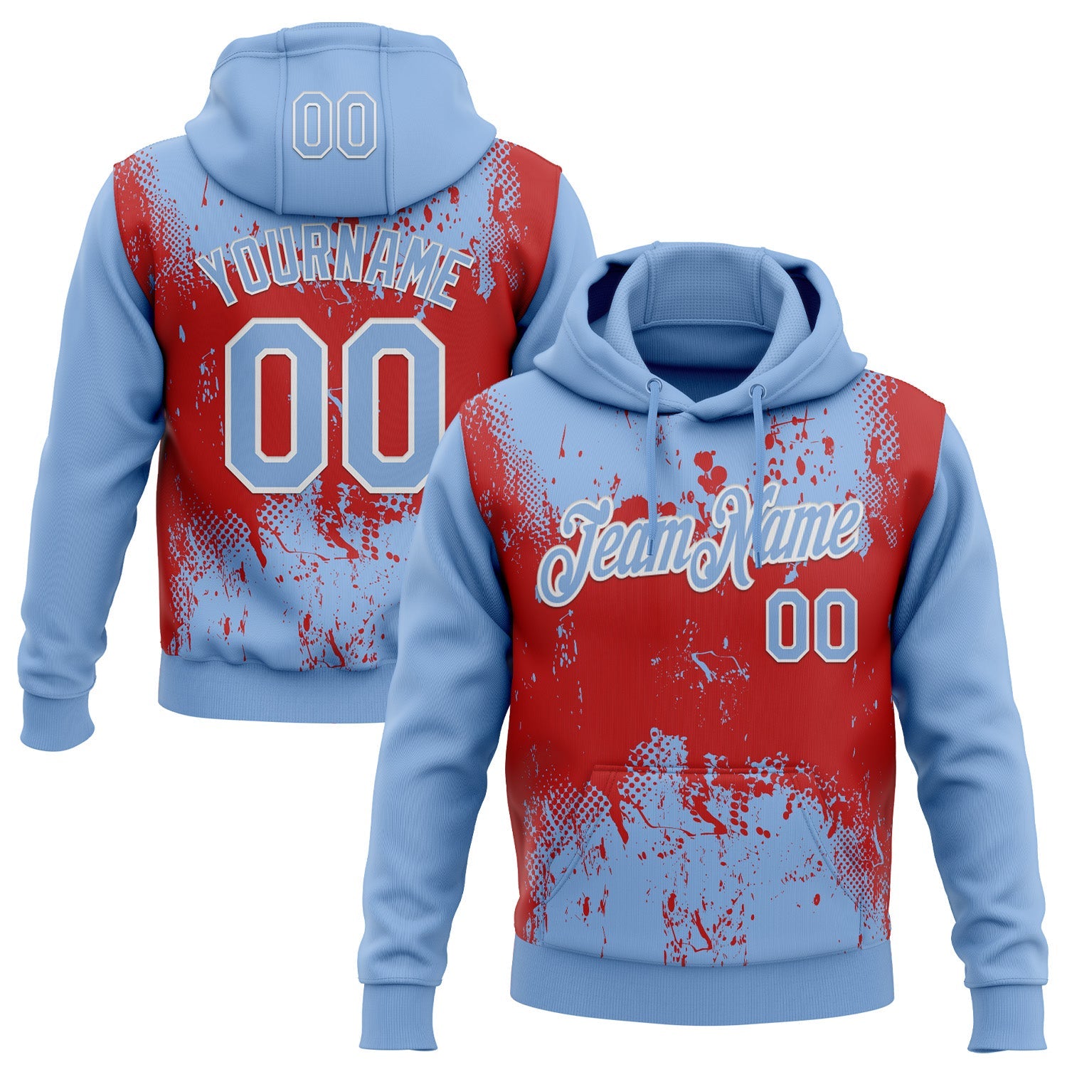 Custom Stitched Light Blue Red-White 3D Pattern Design Abstract Splatter Grunge Art Sports Pullover Sweatshirt Hoodie - Main View