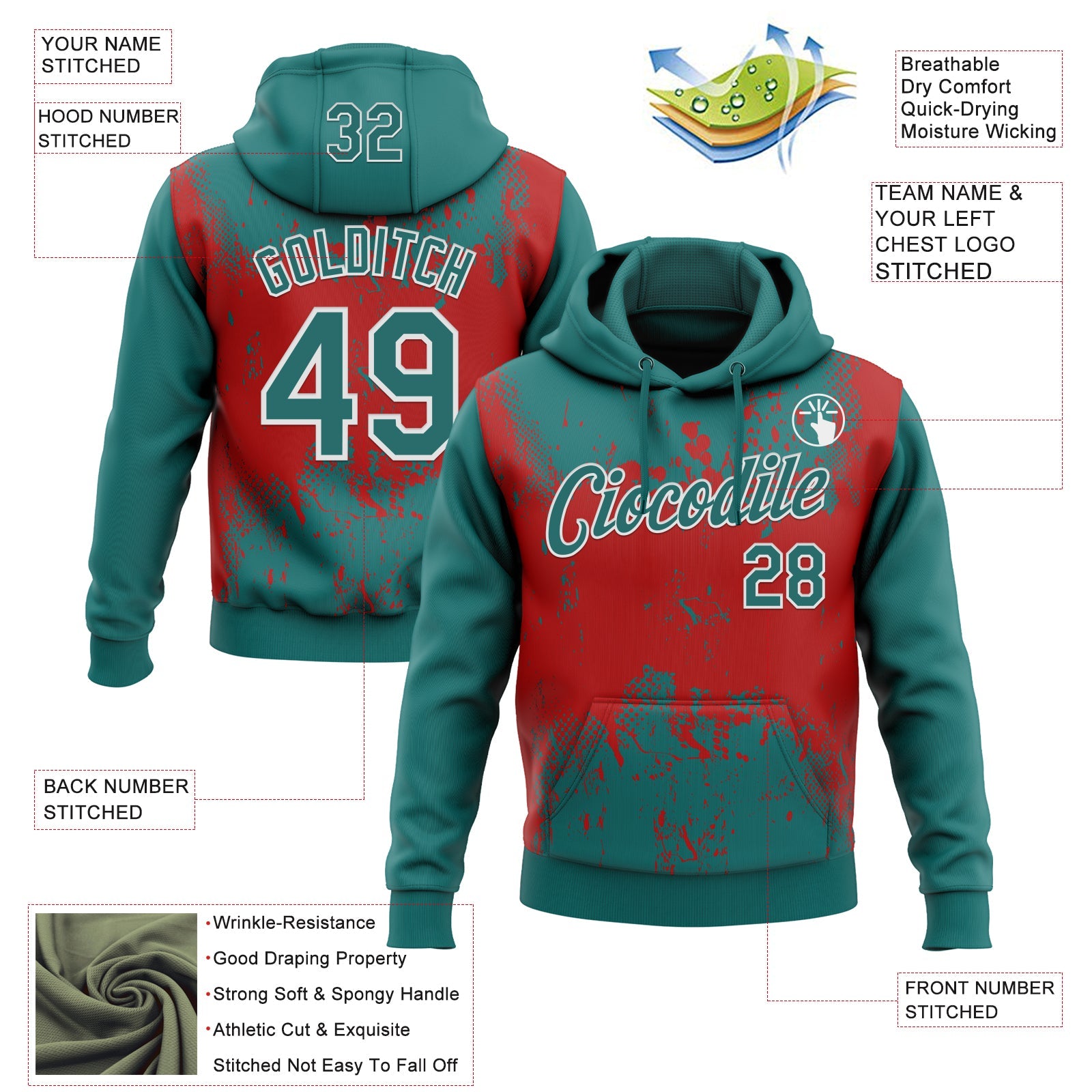 Custom Stitched Teal Red-White 3D Pattern Design Abstract Splatter Grunge Art Sports Pullover Sweatshirt Hoodie view 2