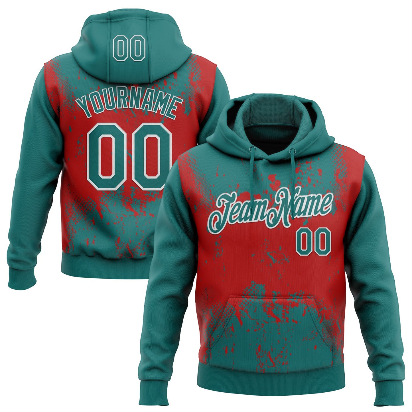 Custom Stitched Teal Red-White 3D Pattern Design Abstract Splatter Grunge Art Sports Pullover Sweatshirt Hoodie - Main View