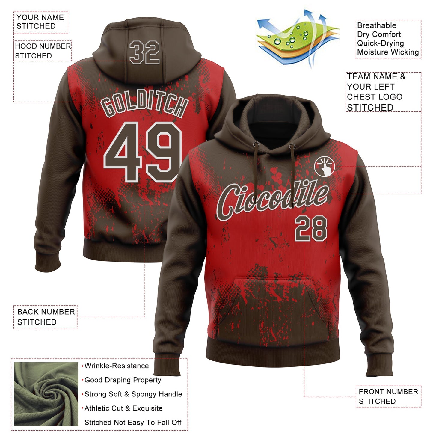 Custom Stitched Brown Red-White 3D Pattern Design Abstract Splatter Grunge Art Sports Pullover Sweatshirt Hoodie view 2