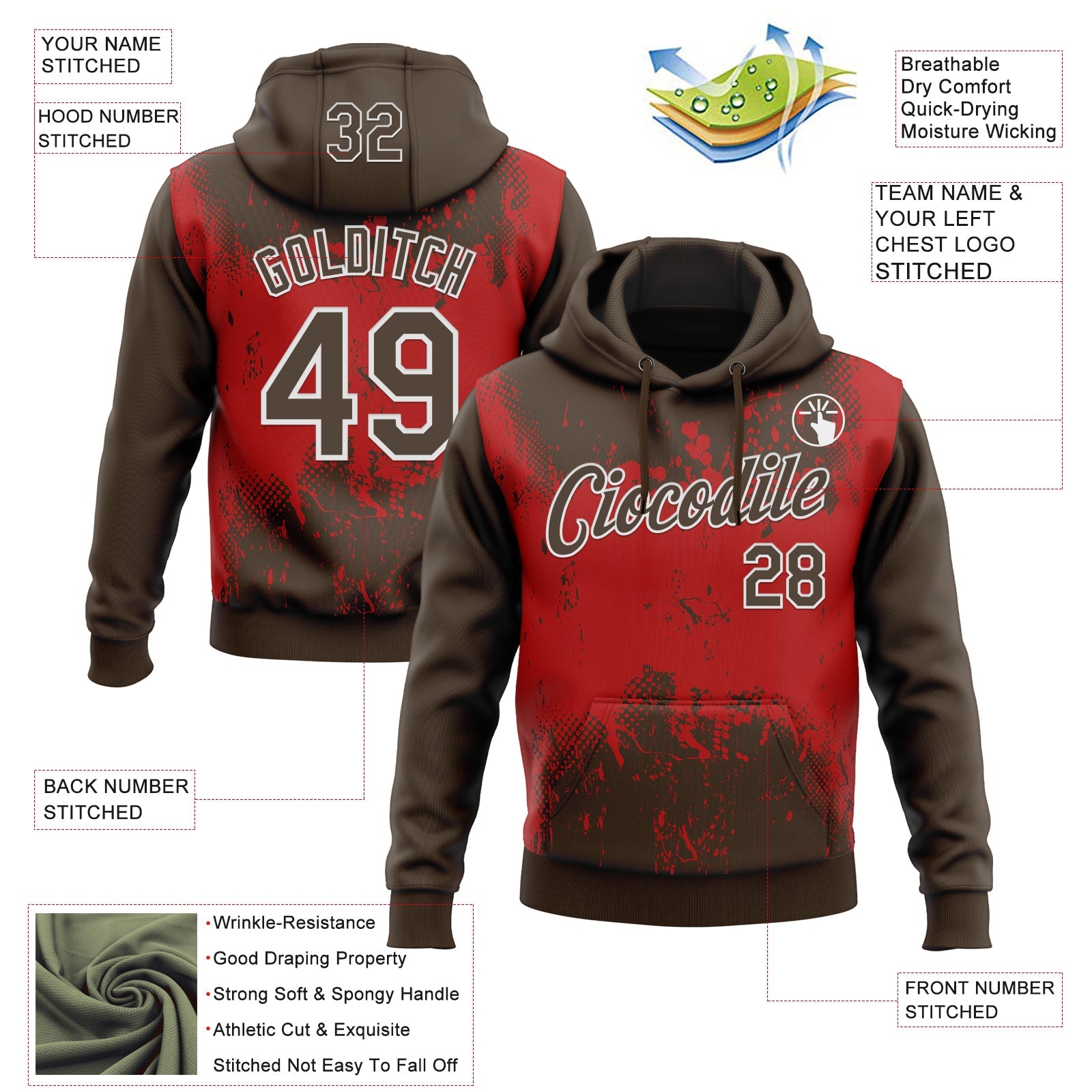 Custom Stitched Brown Red-White 3D Pattern Design Abstract Splatter Grunge Art Sports Pullover Sweatshirt Hoodie view 2