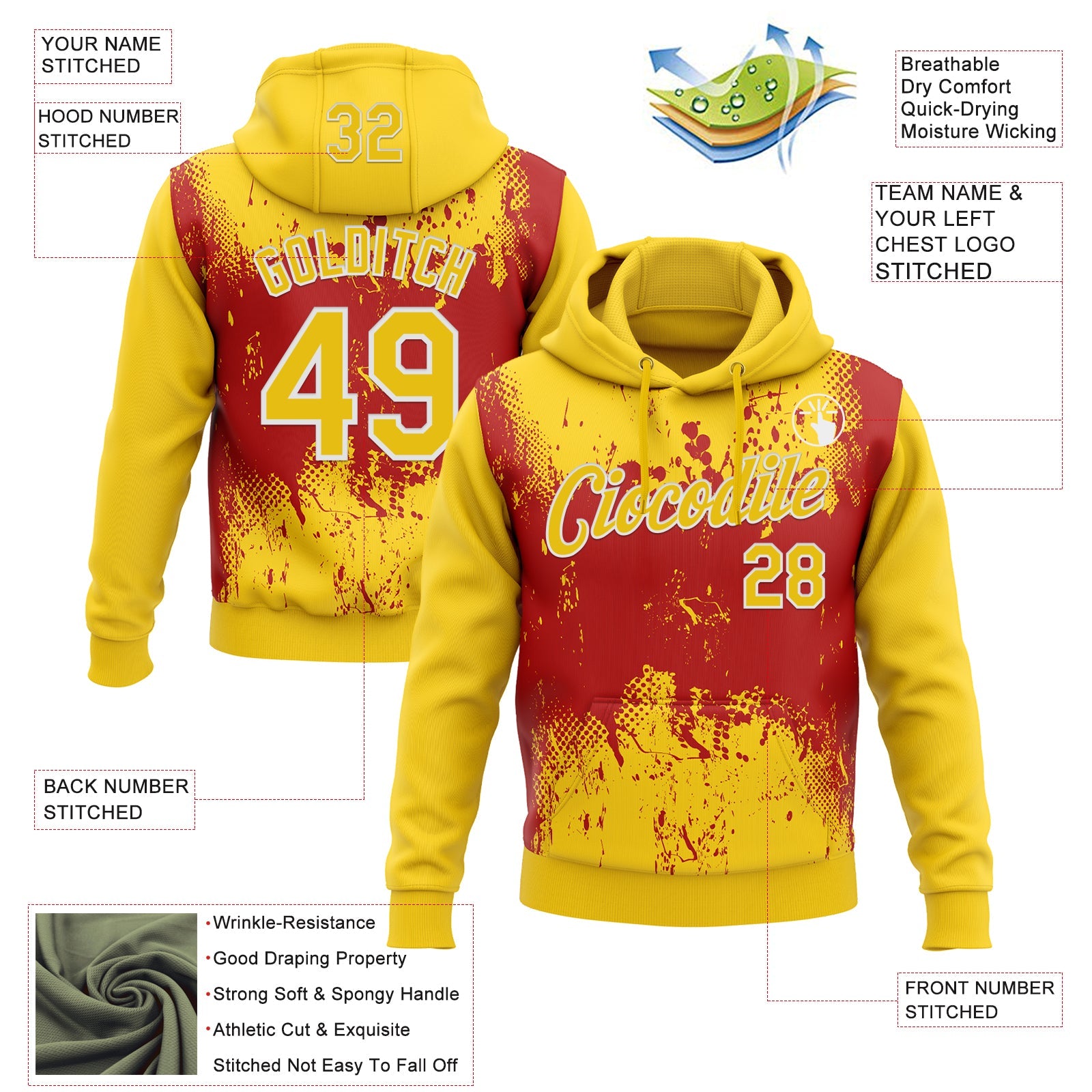 Custom Stitched Yellow Red-White 3D Pattern Design Abstract Splatter Grunge Art Sports Pullover Sweatshirt Hoodie view 2