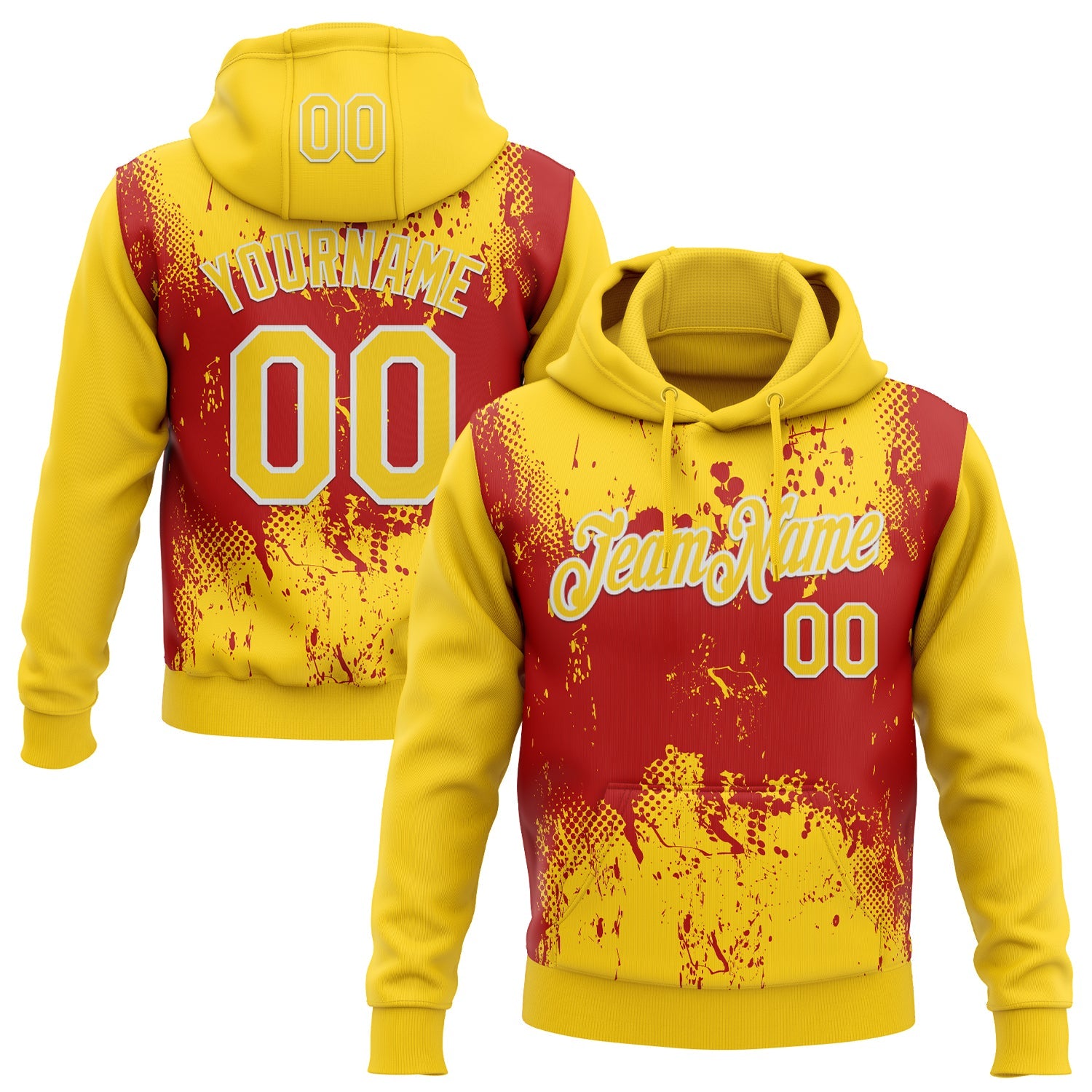 Custom Stitched Yellow Red-White 3D Pattern Design Abstract Splatter Grunge Art Sports Pullover Sweatshirt Hoodie - Main View