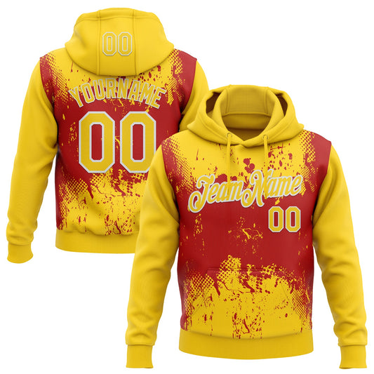 Custom Stitched Yellow Red-White 3D Pattern Design Abstract Splatter Grunge Art Sports Pullover Sweatshirt Hoodie - Main View