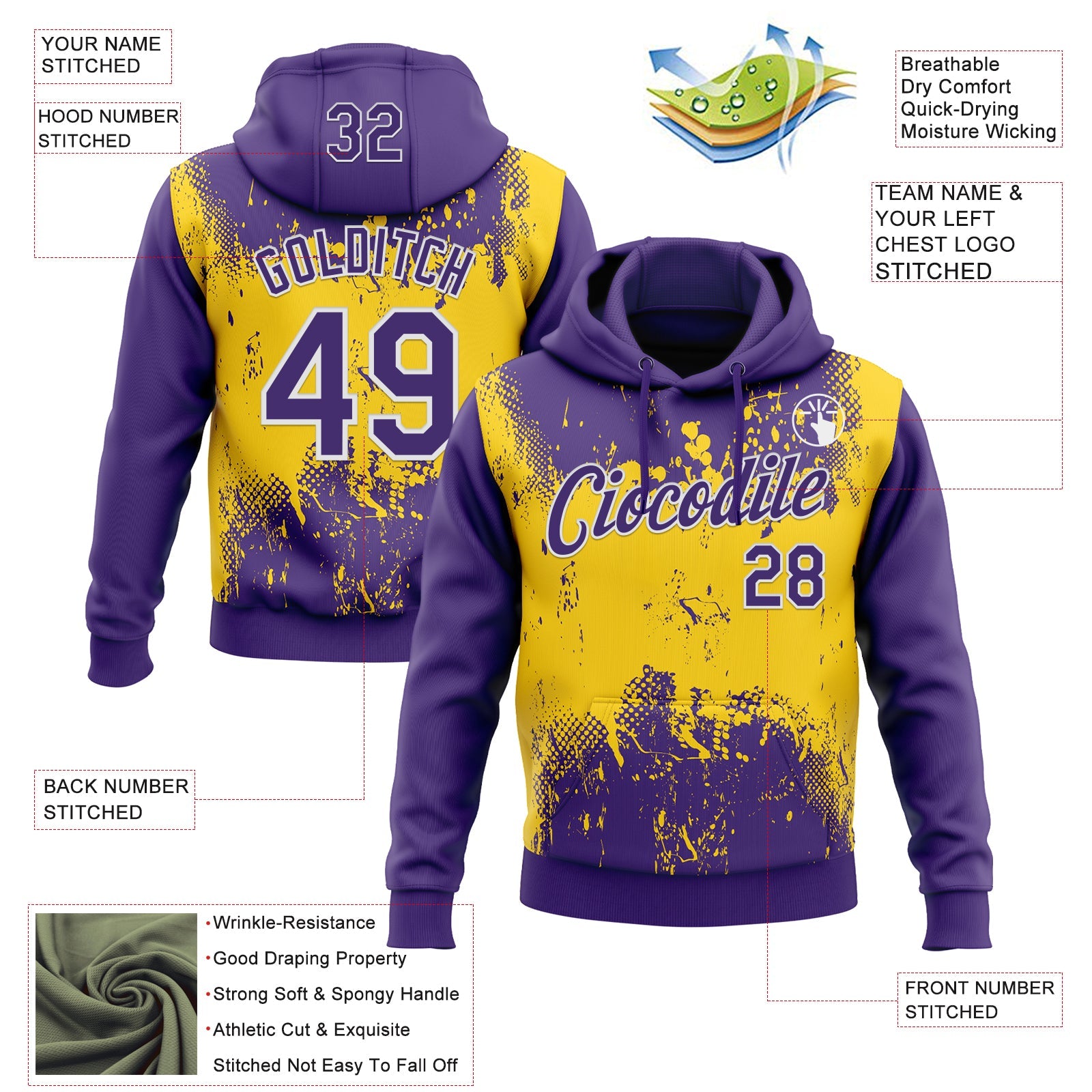 Custom Stitched Purple Yellow-White 3D Pattern Design Abstract Splatter Grunge Art Sports Pullover Sweatshirt Hoodie view 2