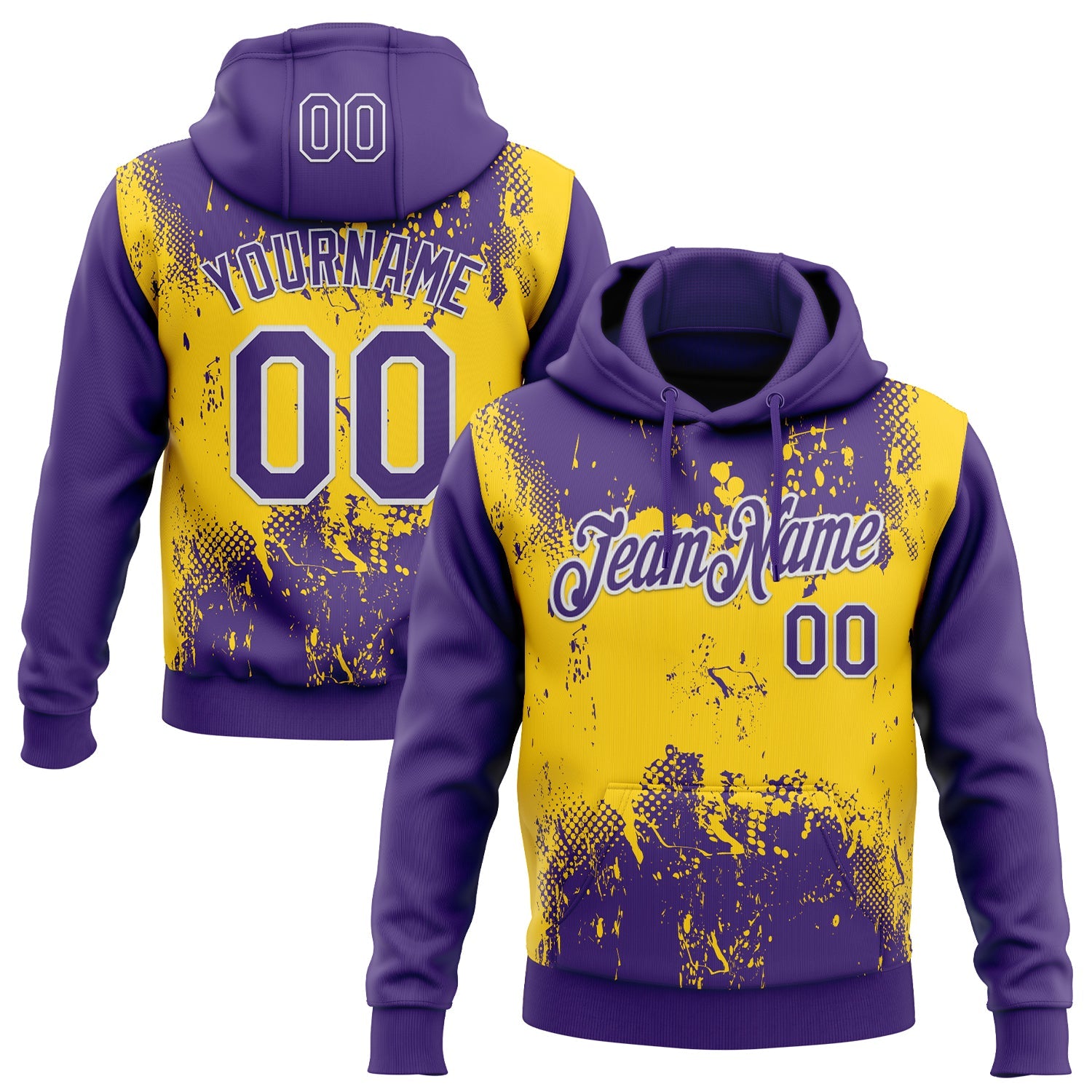 Custom Stitched Purple Yellow-White 3D Pattern Design Abstract Splatter Grunge Art Sports Pullover Sweatshirt Hoodie - Main View