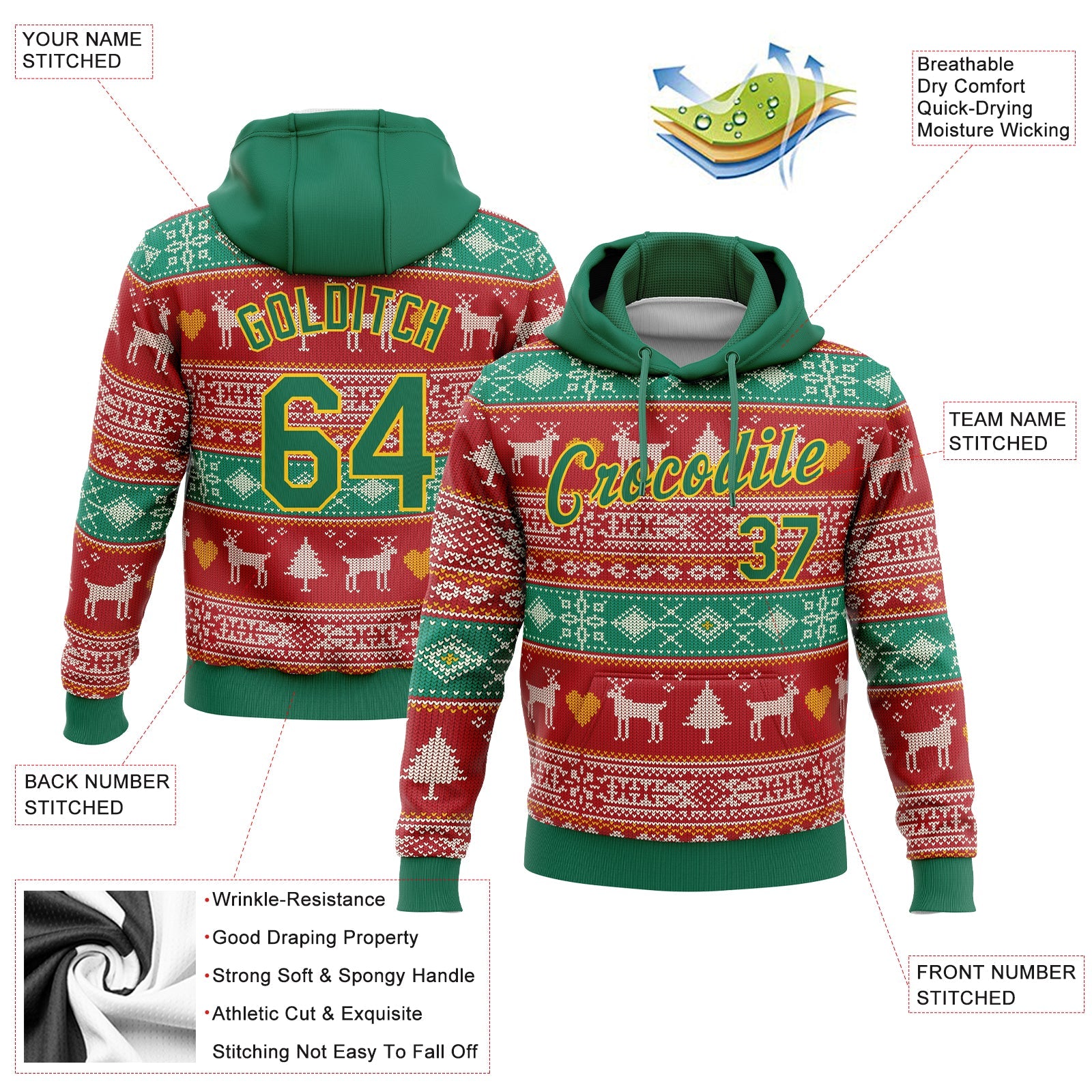 Custom Stitched Red Kelly Green-Gold 3D Christmas Reindeers Sports Pullover Sweatshirt Hoodie view 3