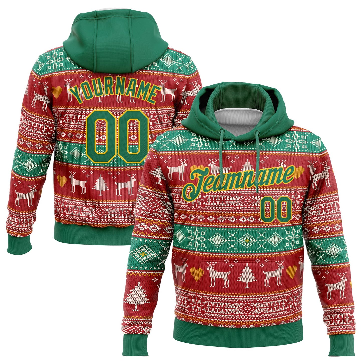 Custom Stitched Red Kelly Green-Gold 3D Christmas Reindeers Sports Pullover Sweatshirt Hoodie - Main View