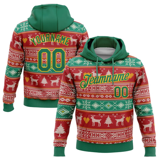 Custom Stitched Red Kelly Green-Gold 3D Christmas Reindeers Sports Pullover Sweatshirt Hoodie - Main View