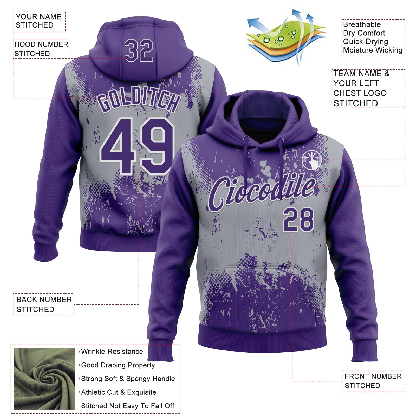 Custom Stitched Purple Gray-White 3D Pattern Design Abstract Splatter Grunge Art Sports Pullover Sweatshirt Hoodie view 2
