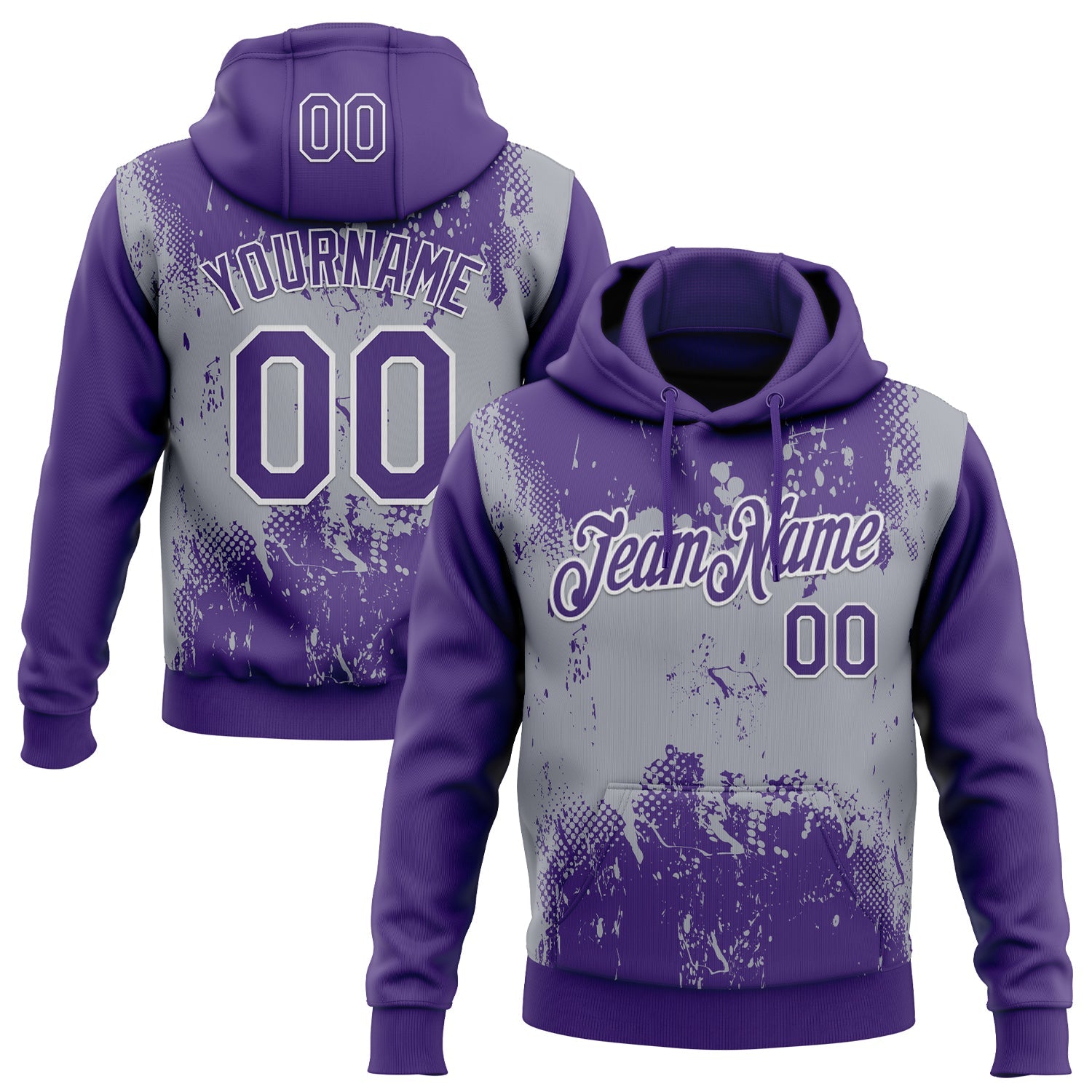 Custom Stitched Purple Gray-White 3D Pattern Design Abstract Splatter Grunge Art Sports Pullover Sweatshirt Hoodie - Main View