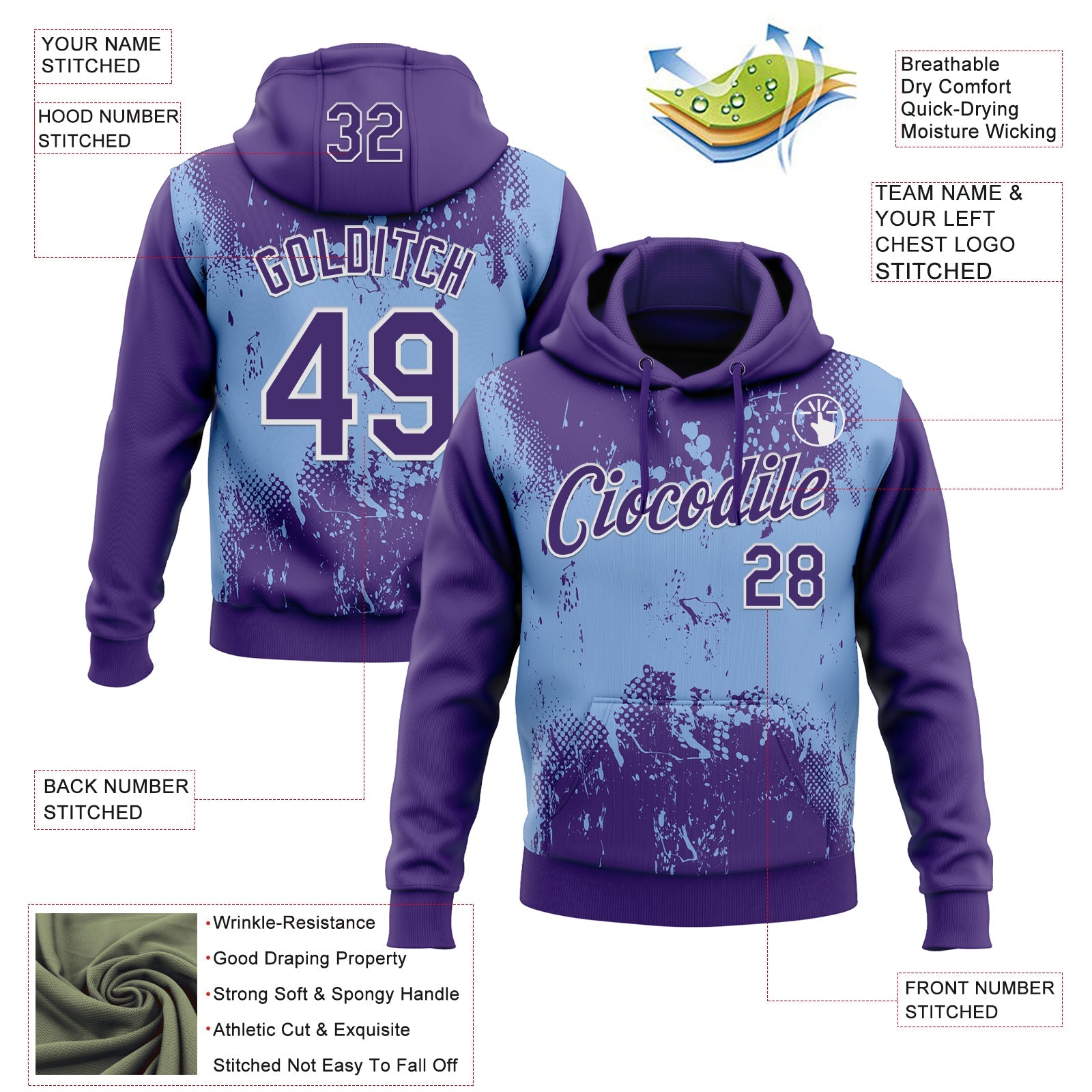 Custom Stitched Purple Light Blue-White 3D Pattern Design Abstract Splatter Grunge Art Sports Pullover Sweatshirt Hoodie view 2