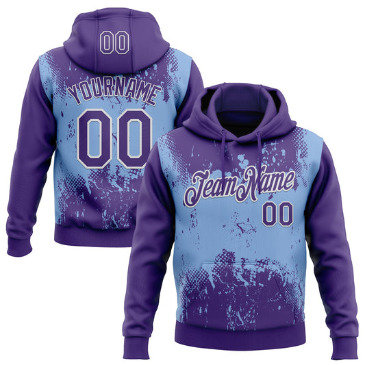 Custom Stitched Purple Light Blue-White 3D Pattern Design Abstract Splatter Grunge Art Sports Pullover Sweatshirt Hoodie - Main View