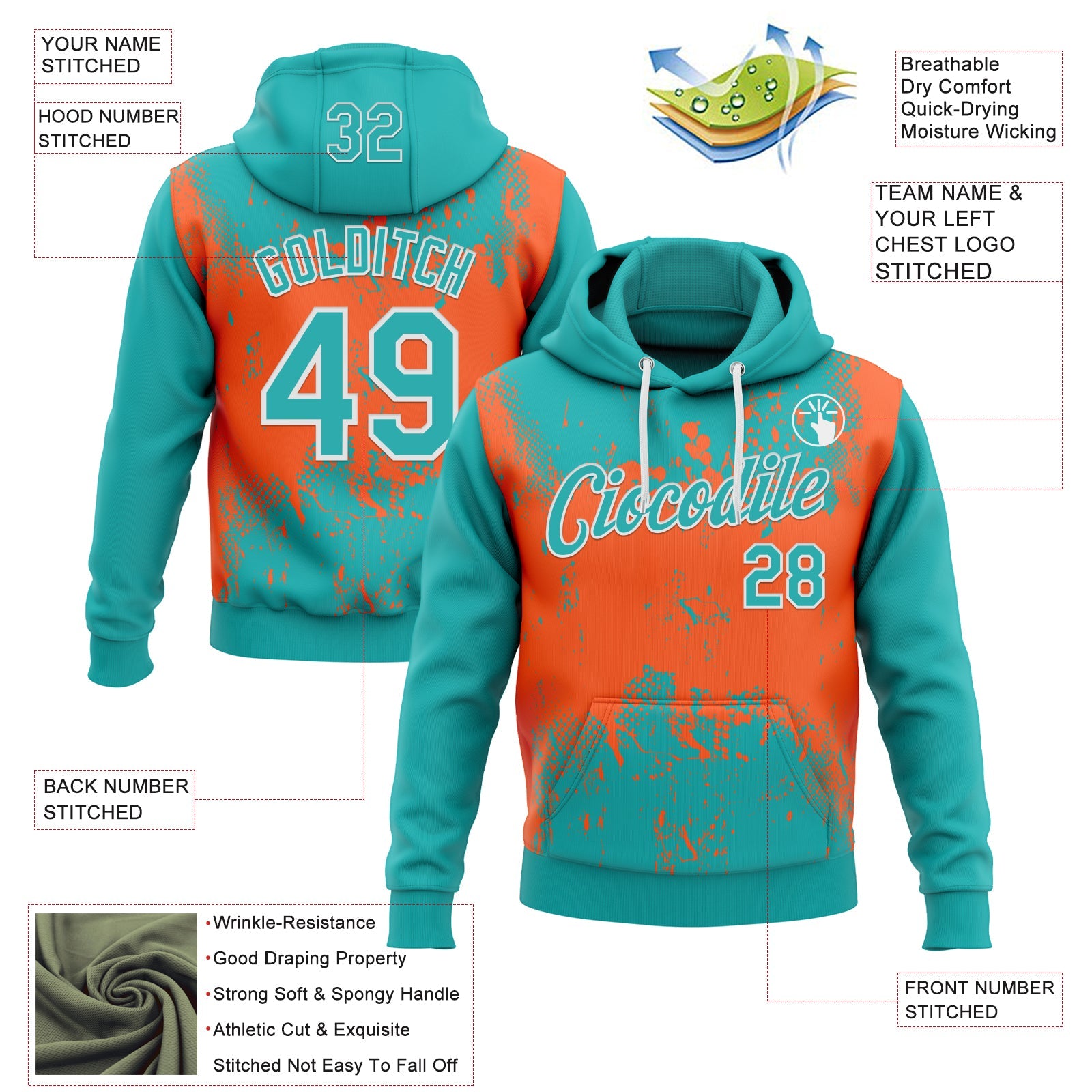 Custom Stitched Aqua Orange-White 3D Pattern Design Abstract Splatter Grunge Art Sports Pullover Sweatshirt Hoodie view 2