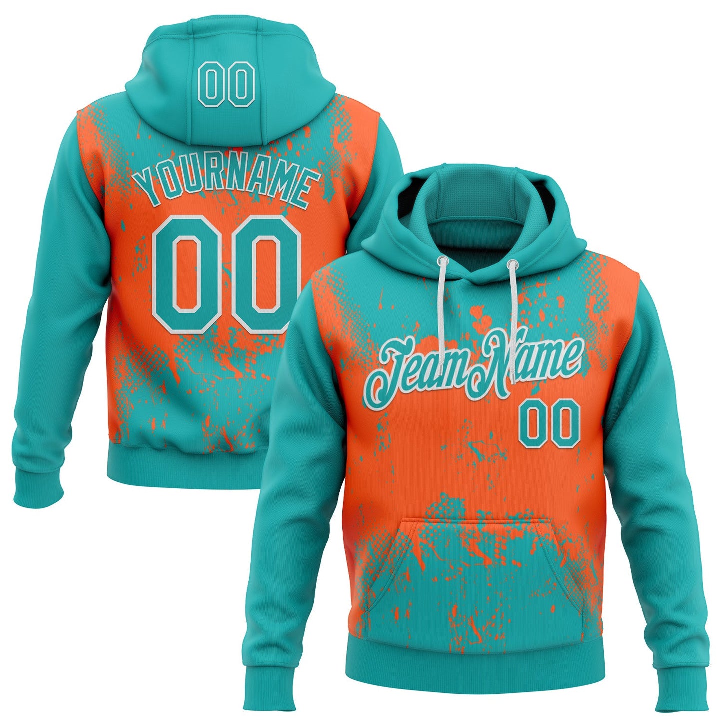 Custom Stitched Aqua Orange-White 3D Pattern Design Abstract Splatter Grunge Art Sports Pullover Sweatshirt Hoodie - Main View