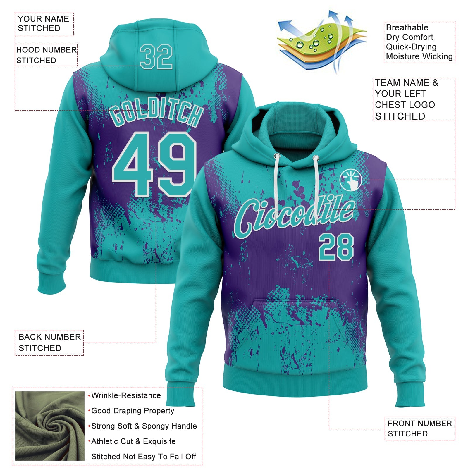 Custom Stitched Aqua Purple-White 3D Pattern Design Abstract Splatter Grunge Art Sports Pullover Sweatshirt Hoodie view 2