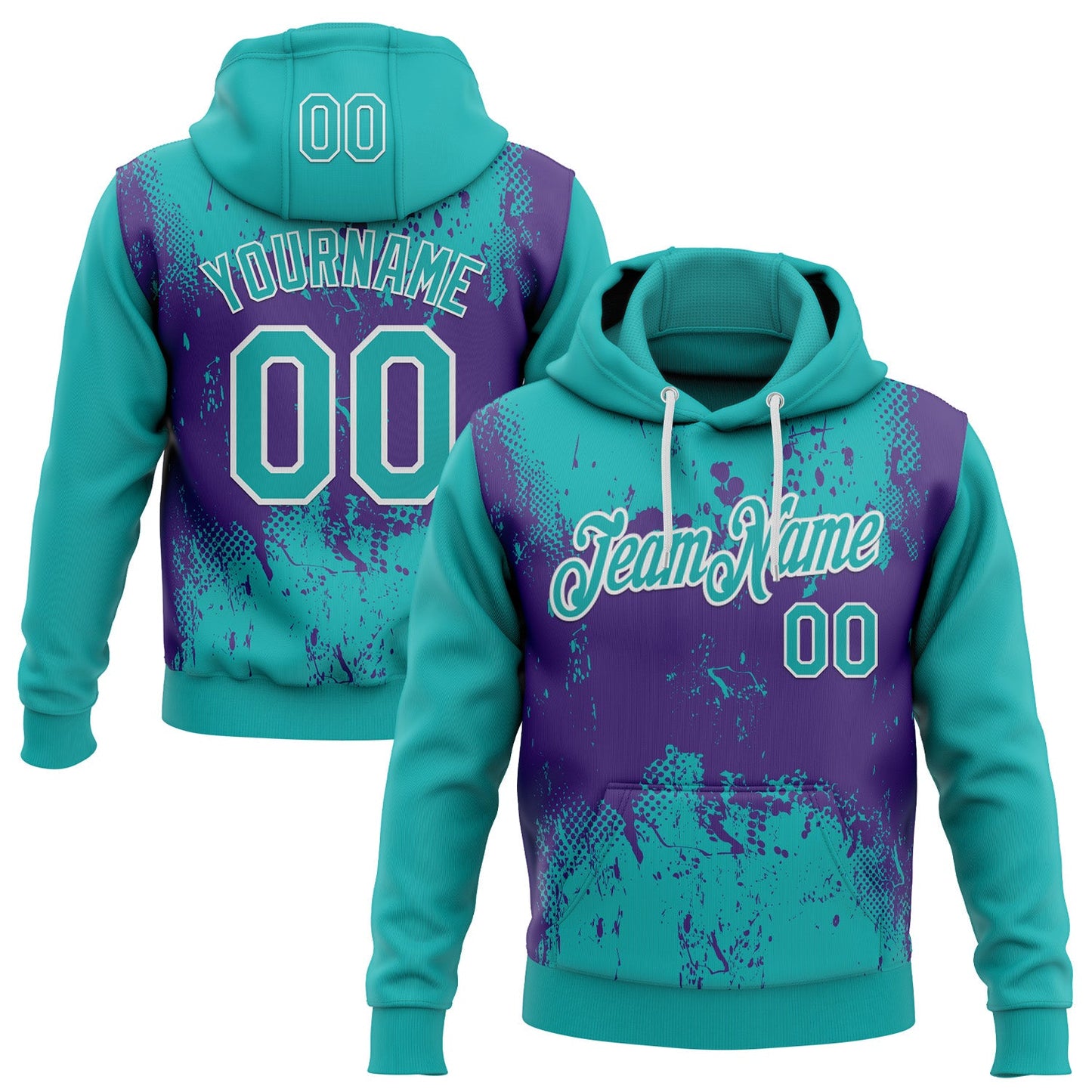 Custom Stitched Aqua Purple-White 3D Pattern Design Abstract Splatter Grunge Art Sports Pullover Sweatshirt Hoodie - Main View