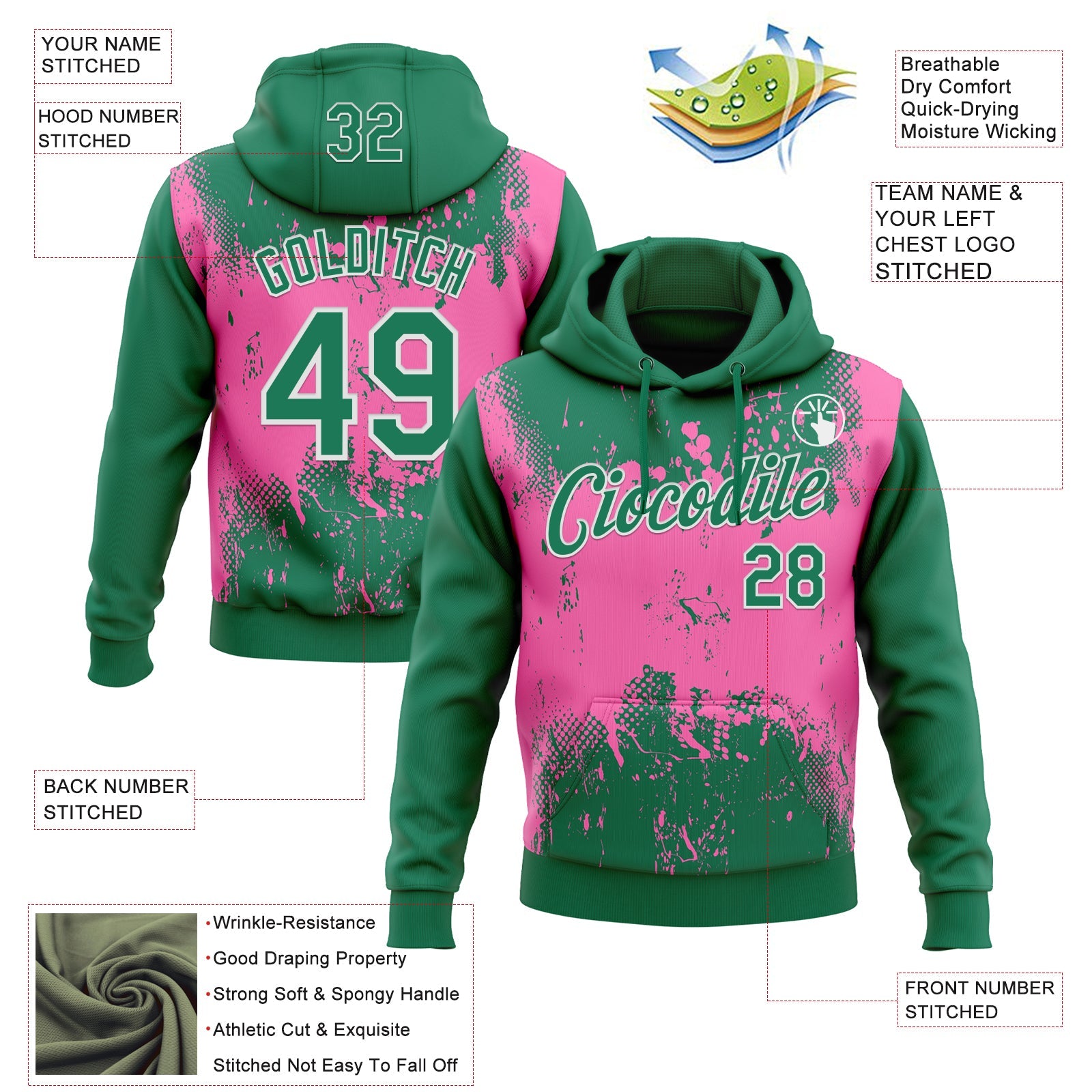 Custom Stitched Kelly Green Pink-White 3D Pattern Design Abstract Splatter Grunge Art Sports Pullover Sweatshirt Hoodie view 2