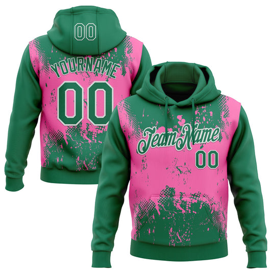 Custom Stitched Kelly Green Pink-White 3D Pattern Design Abstract Splatter Grunge Art Sports Pullover Sweatshirt Hoodie - Main View