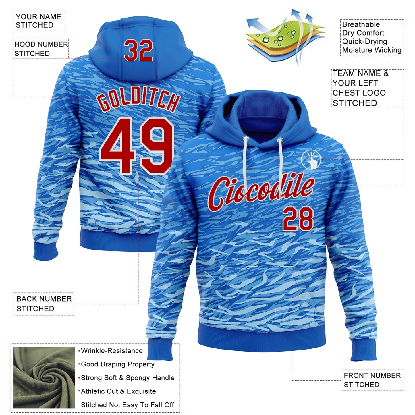 Custom Stitched Royal Red-White 3D Pattern Design Wave Sports Pullover Sweatshirt Hoodie view 2