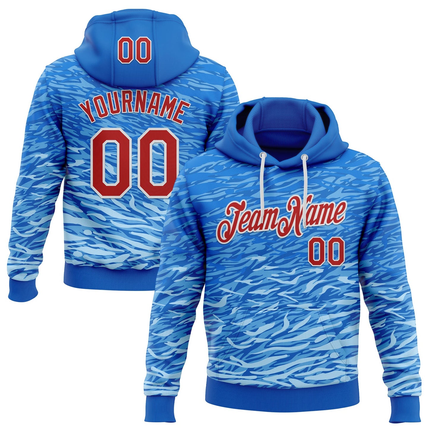 Custom Stitched Royal Red-White 3D Pattern Design Wave Sports Pullover Sweatshirt Hoodie - Main View