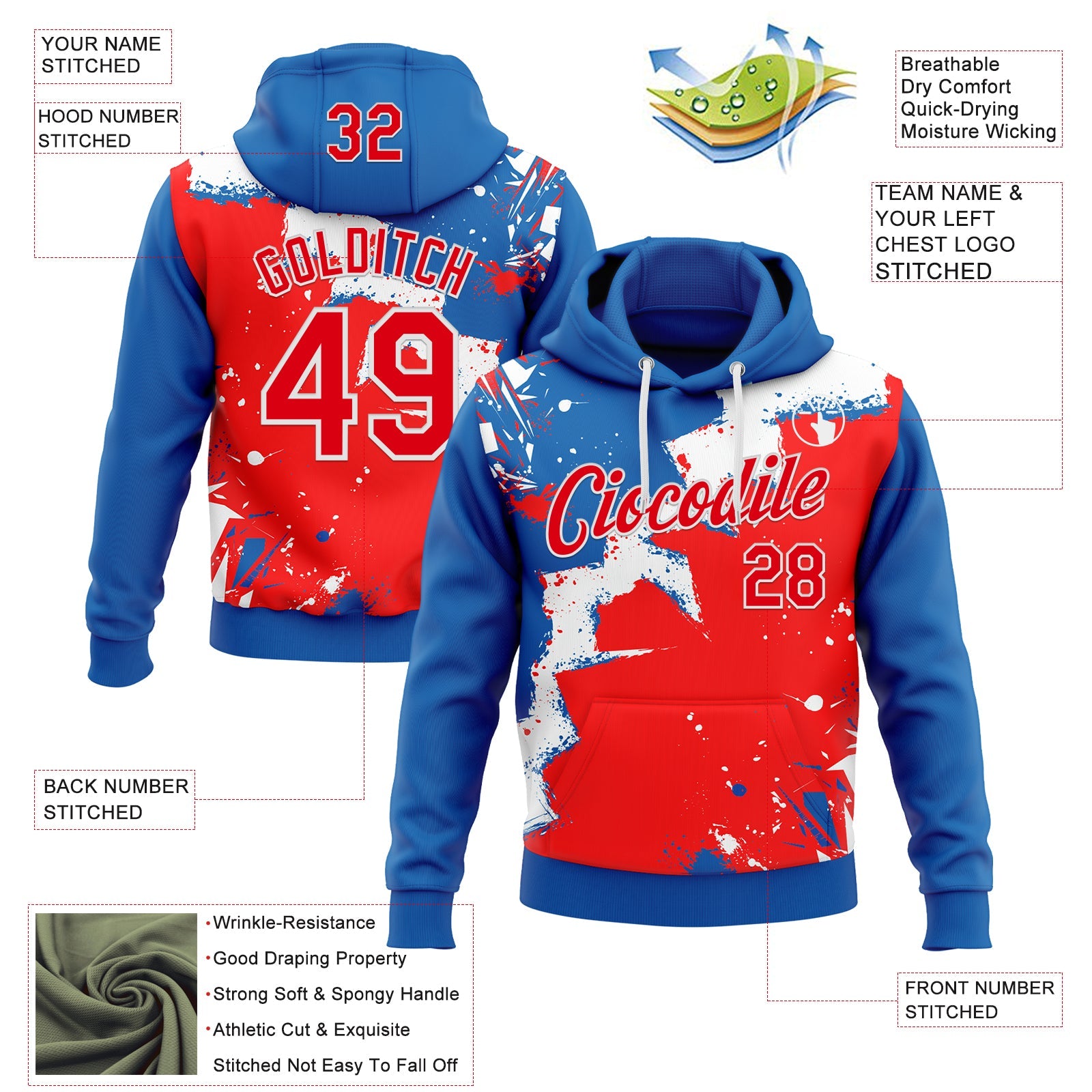 Custom Stitched Royal Fire Red-White 3D Pattern Design Splash Torn Paper Style Sports Pullover Sweatshirt Hoodie view 2